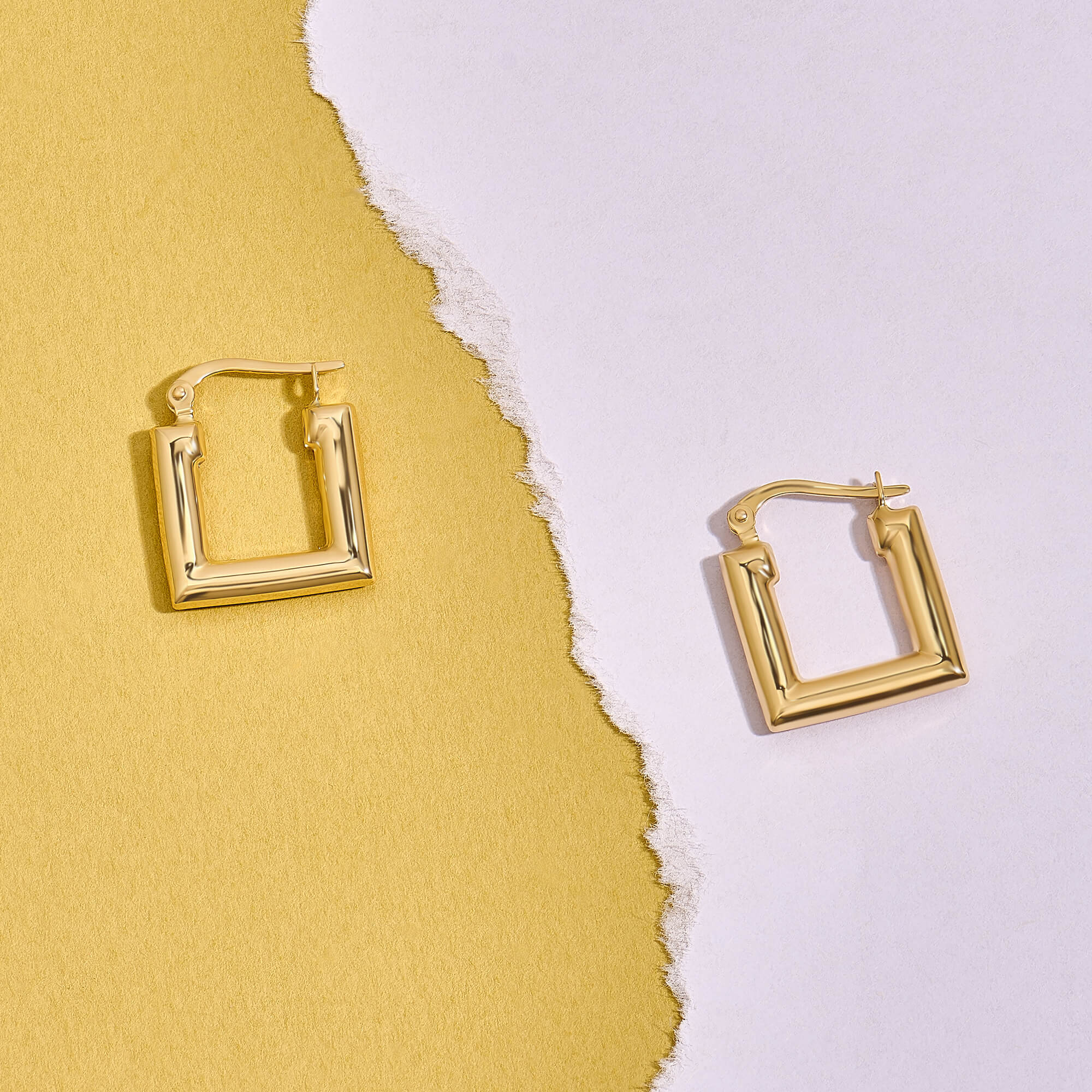 Edgy Block Hoop Earrings in 14k Real Gold