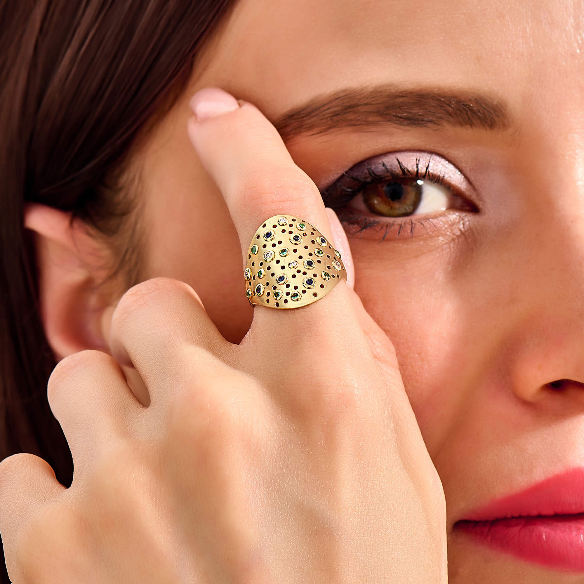 14K Solid Gold Gemstones and Diamonds Cocktail Ring