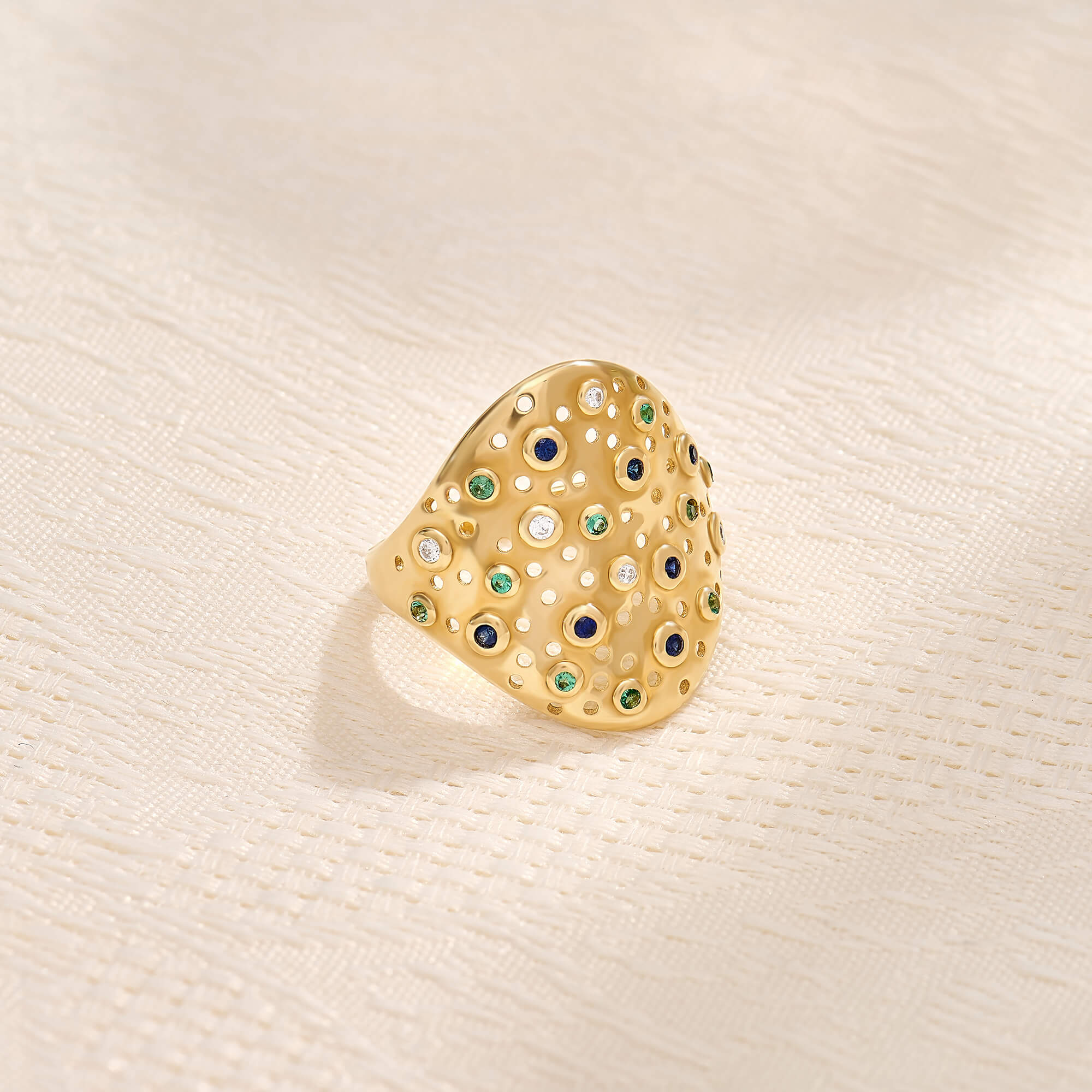 14K Real Gold Gemstones and Diamonds Cocktail Ring