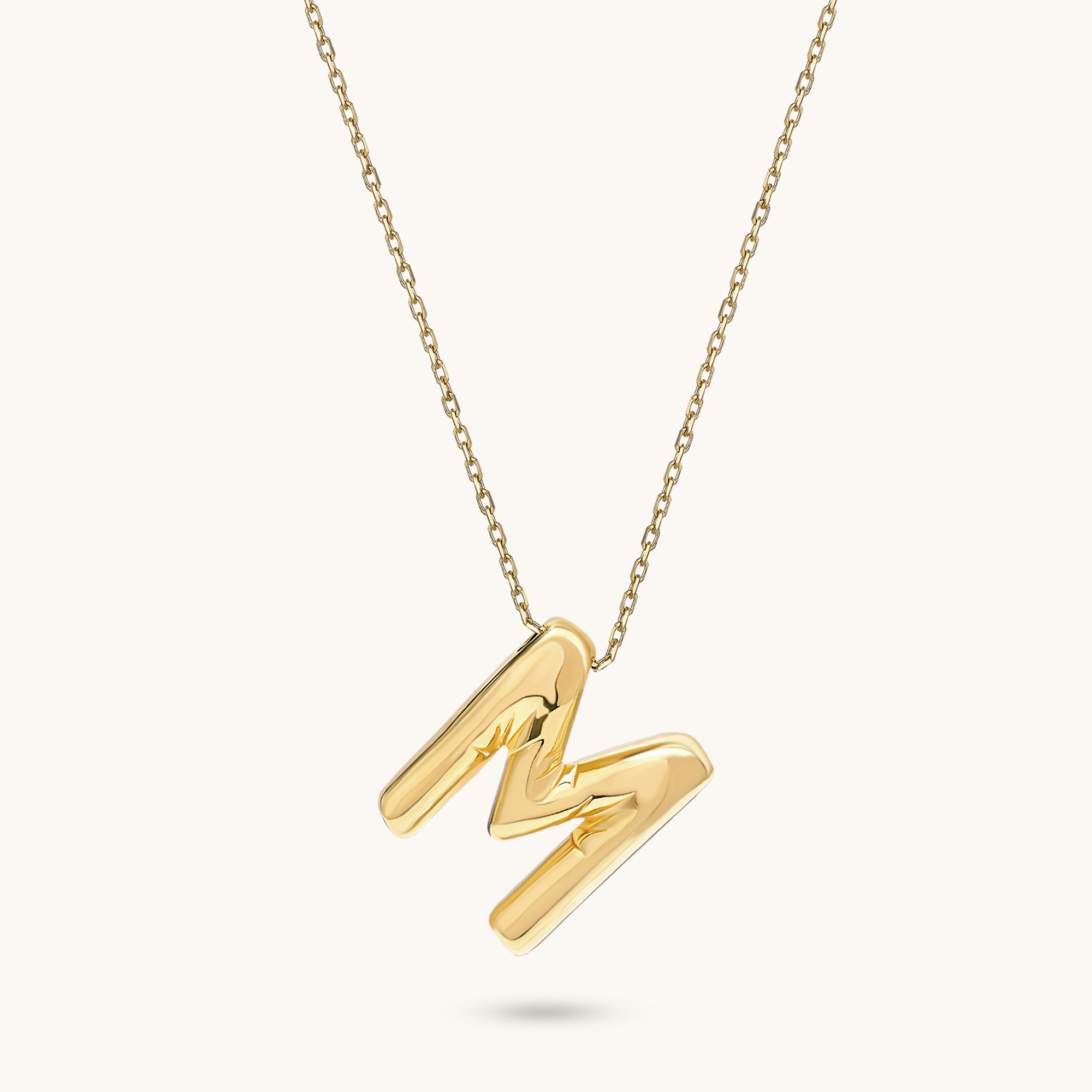 M Bubble Letter Necklace in 14K Gold