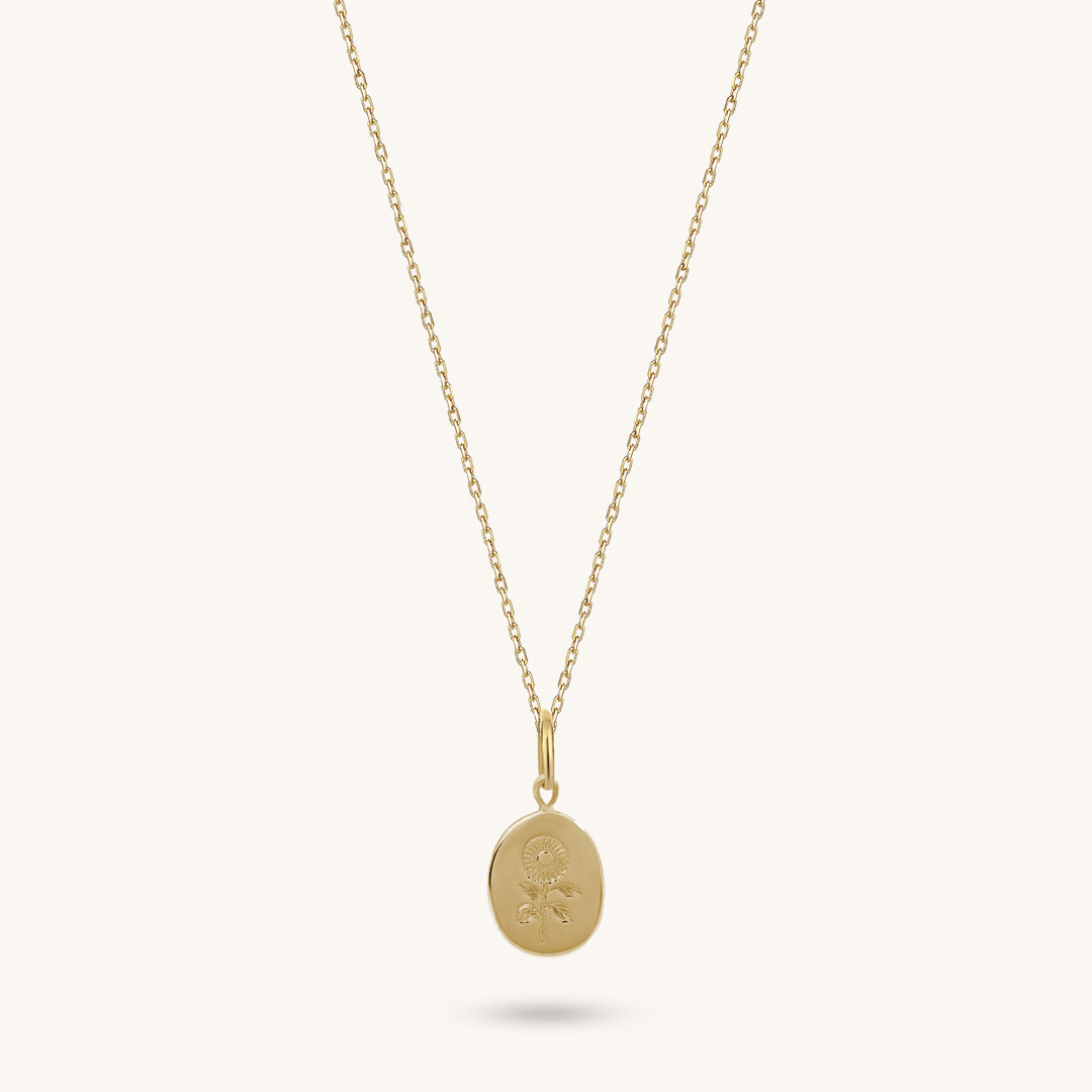 14k Solid Yellow Gold Calendula Flower Carved Necklace