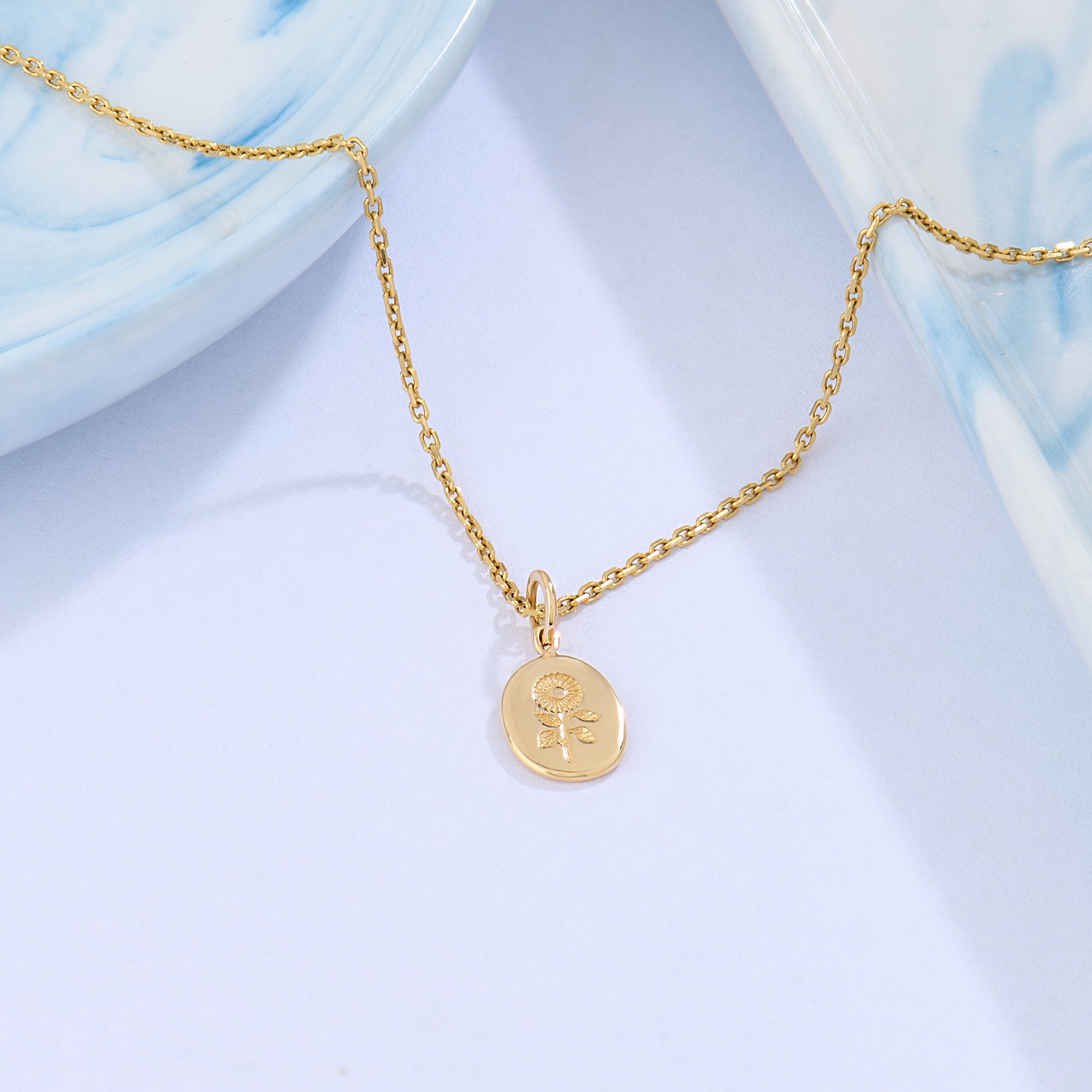14k Real Gold Calendula Flower Carved Coin Necklace