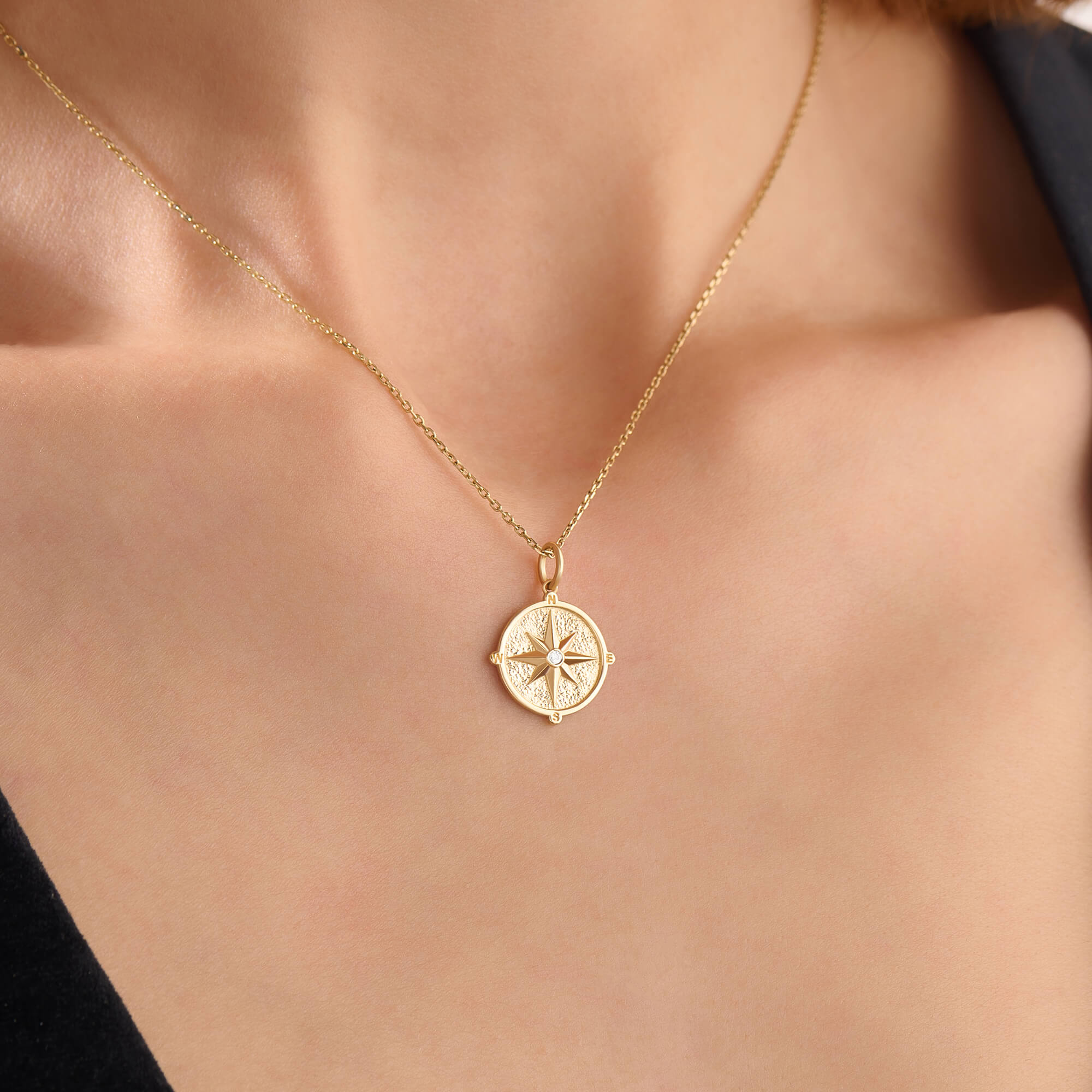 Women's Compass Coin Necklace in 14K Real Gold