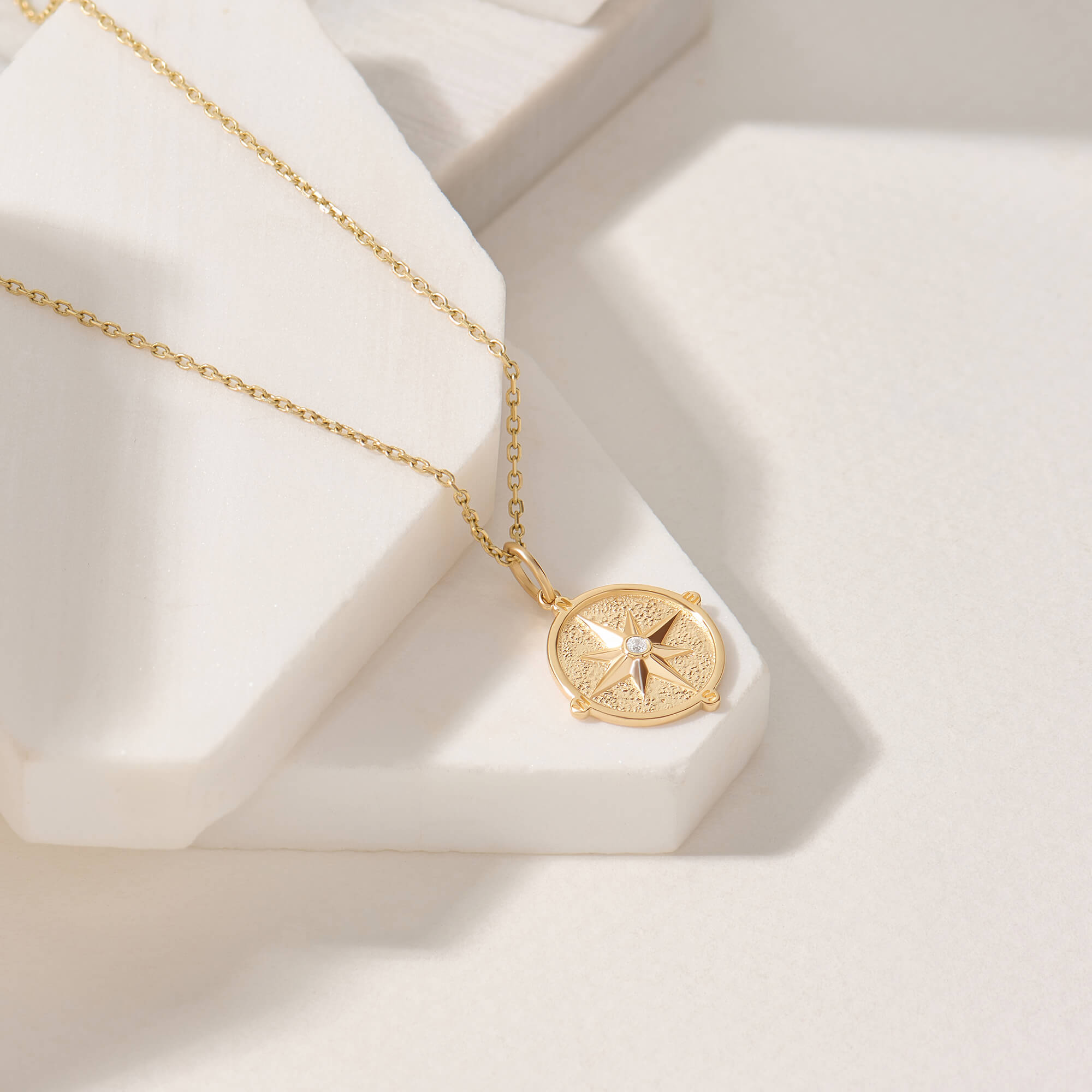 Women's Compass Coin Necklace in 14K Solid Yellow Gold