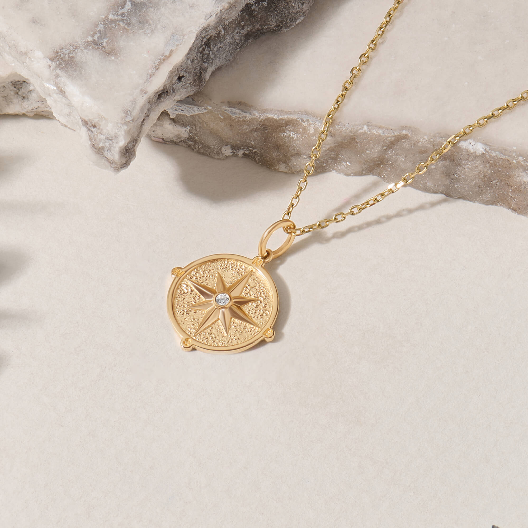 Compass Coin Necklace in 14K Real Yellow Gold with CZ