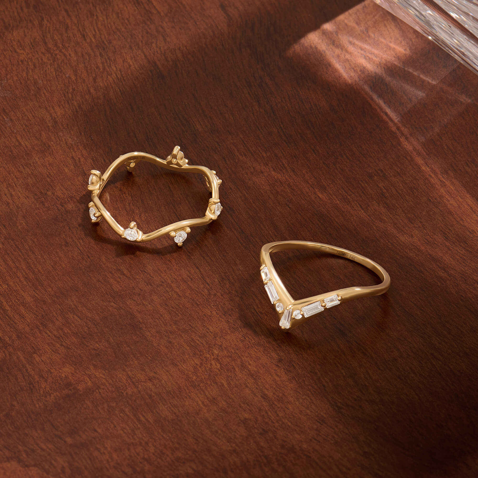 14K Solid Yellow Gold Paved Wave Stacking Ring