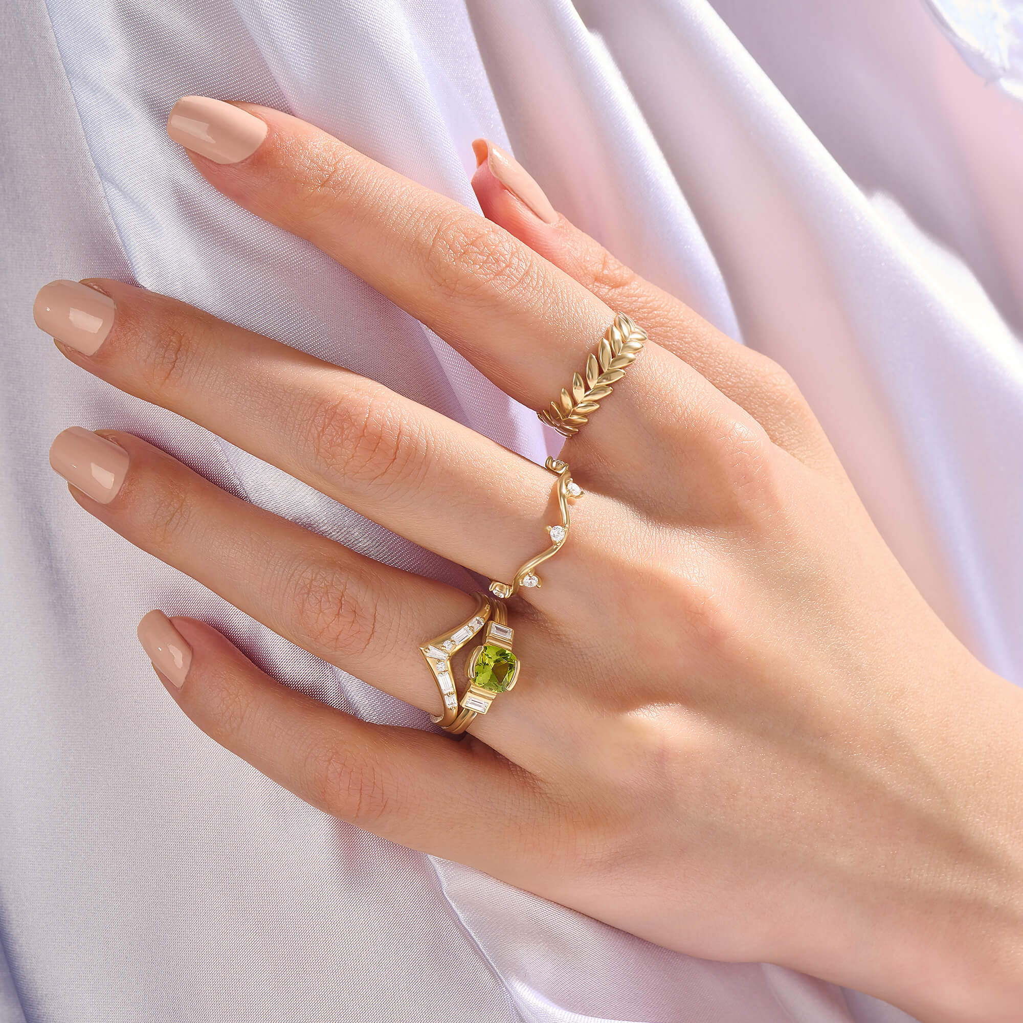 14K Real Yellow Gold Paved Wave Stacking Ring