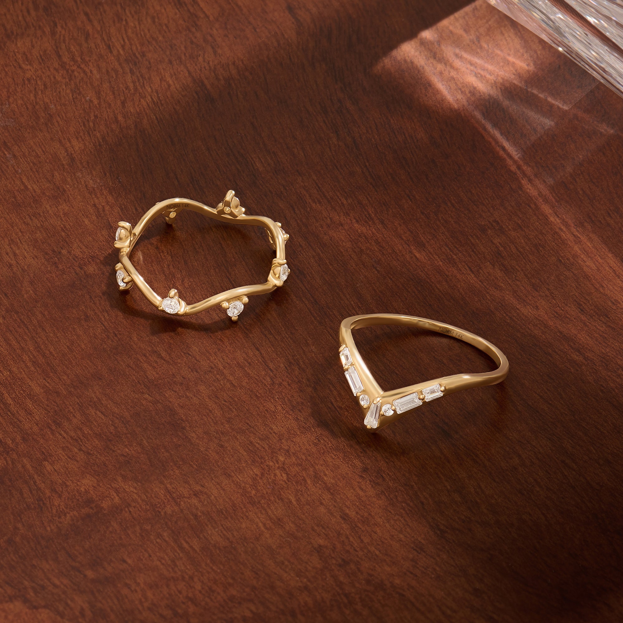 14K Solid Yellow Gold Paved Wave Stacking Ring