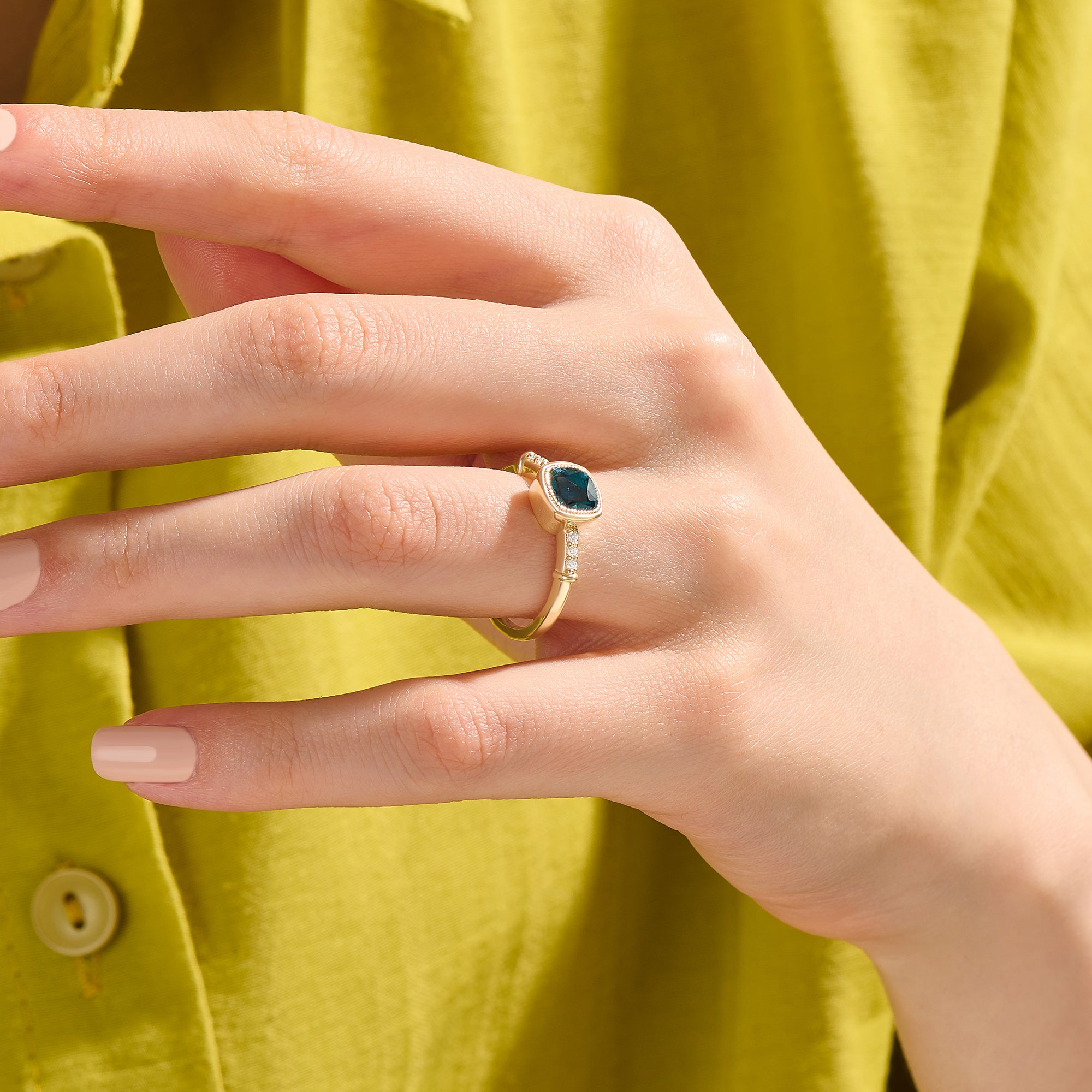 Real 14K Gold Cushion-Cut Lab Grown Blue Topaz Solitaire Ring