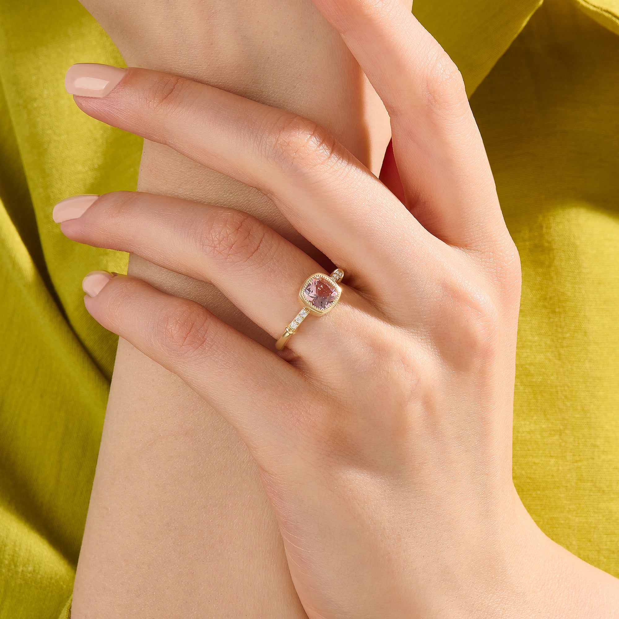 14K Real Gold Cushion Morganite Peach Solitaire Ring for Women