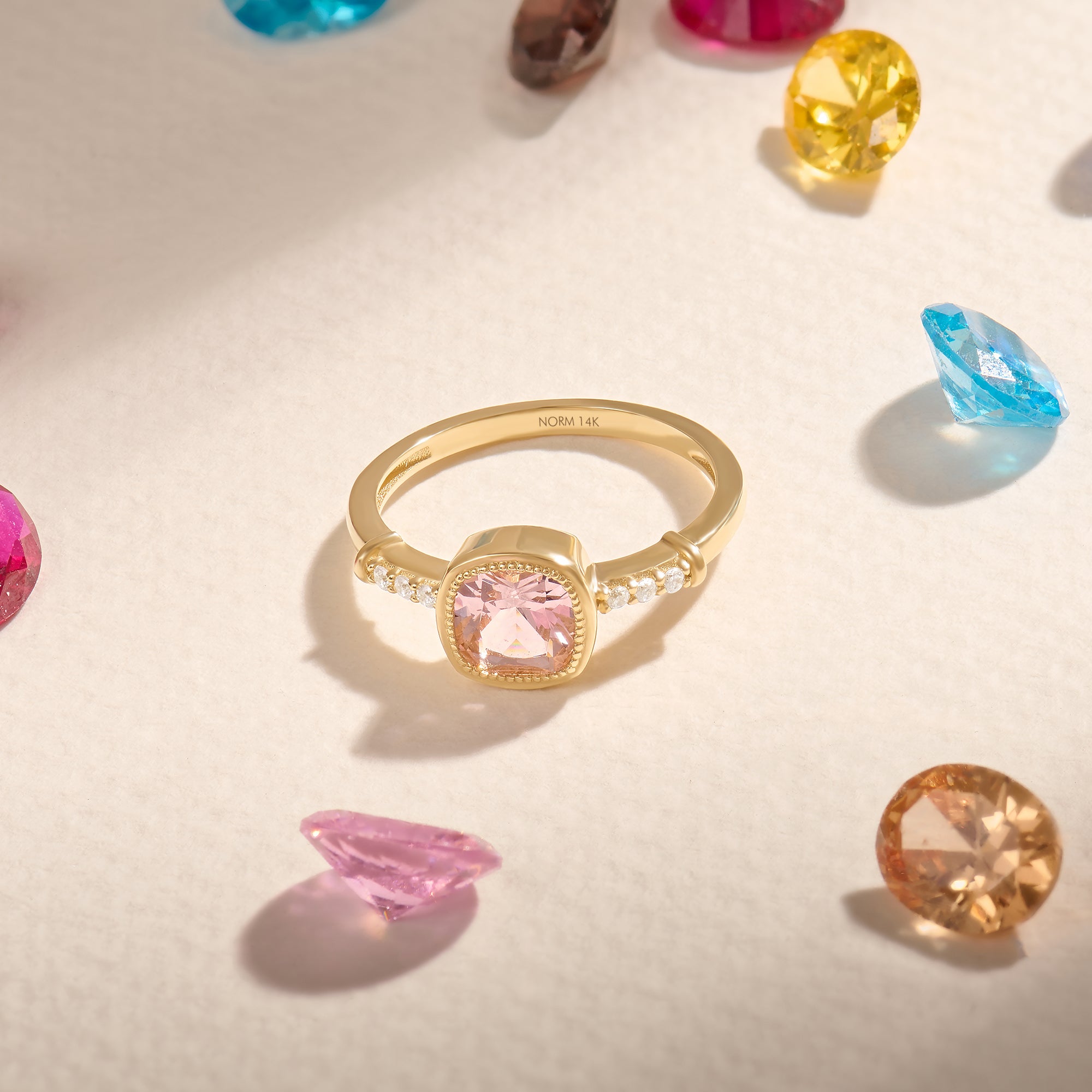 14K Real Gold Cushion-Cut Peach Sapphire Solitaire Ring