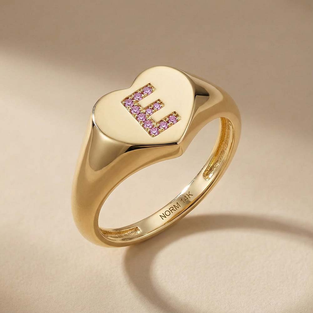 Bespoke Solid Gold Heart Ring with Pink Diamond Pave Letter