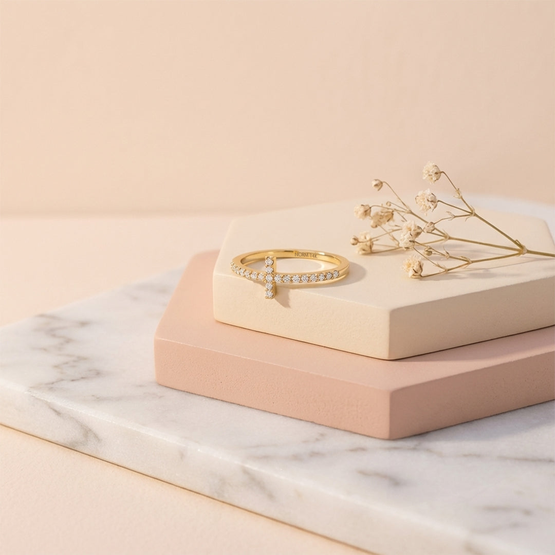 Solid Gold Dainty Moissanite Cross Ring