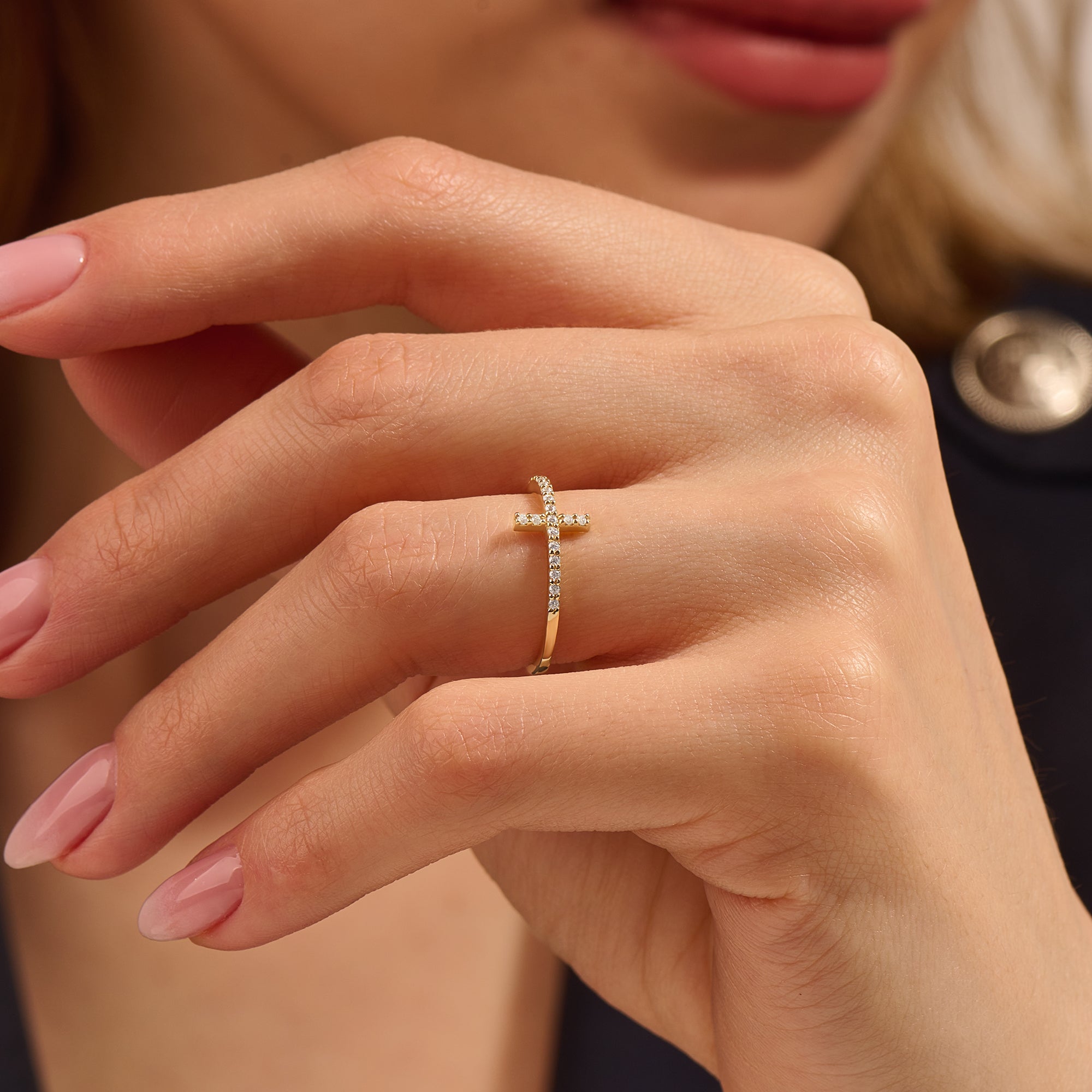 14k Gold Minimalist Pave Cross Ring for Women