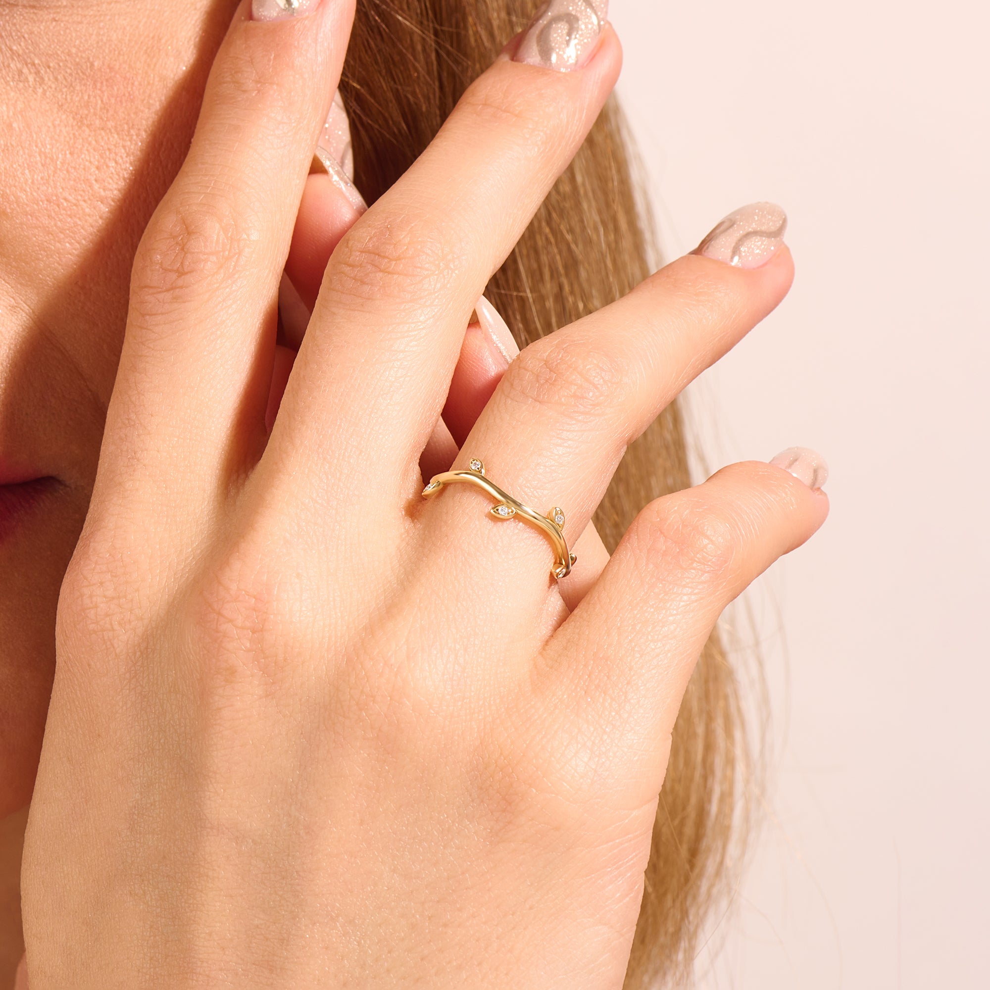 14k Real Gold Dainty Vine Stacking Ring for Women