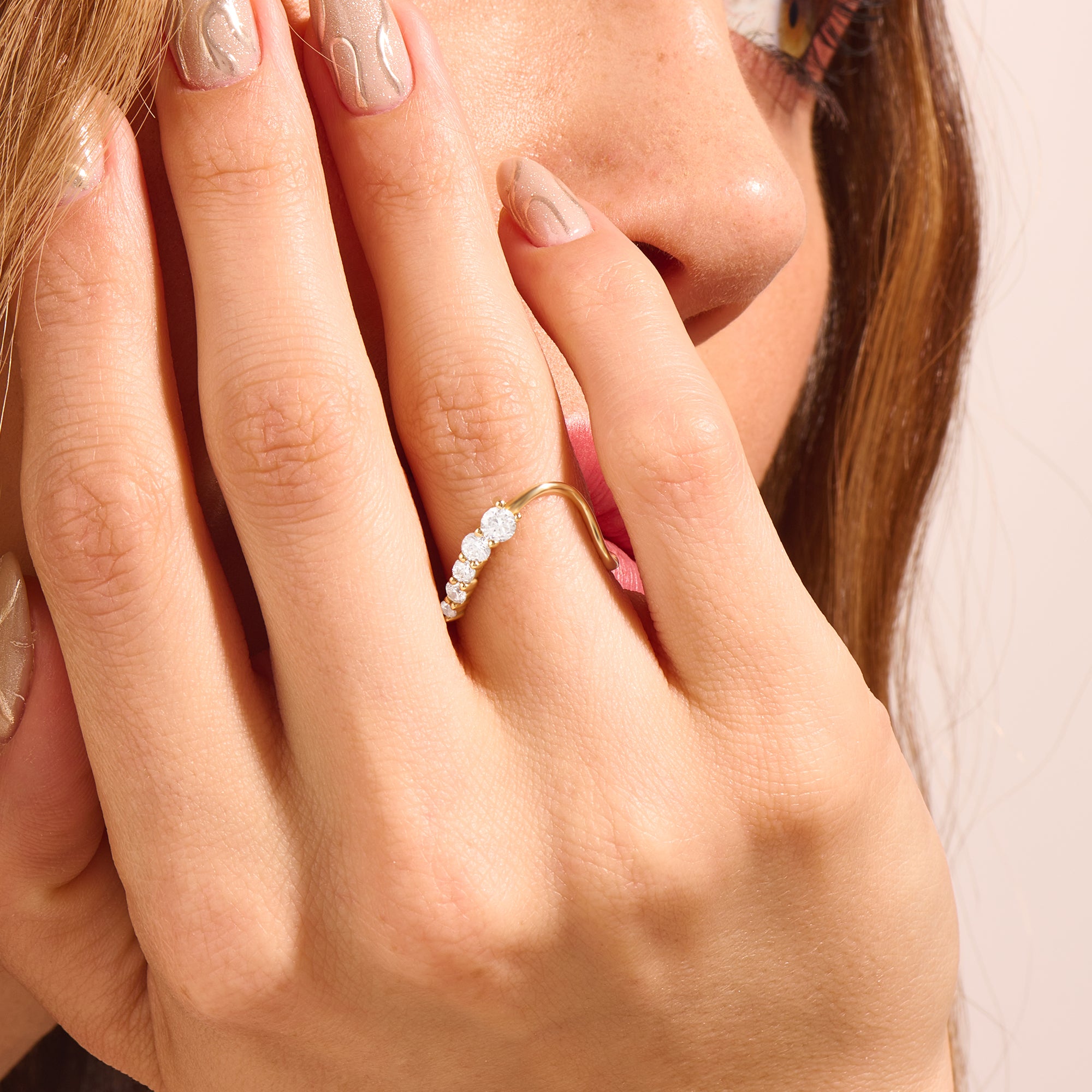 14k Real Yellow Gold Deep Curve Wave Ring for Women