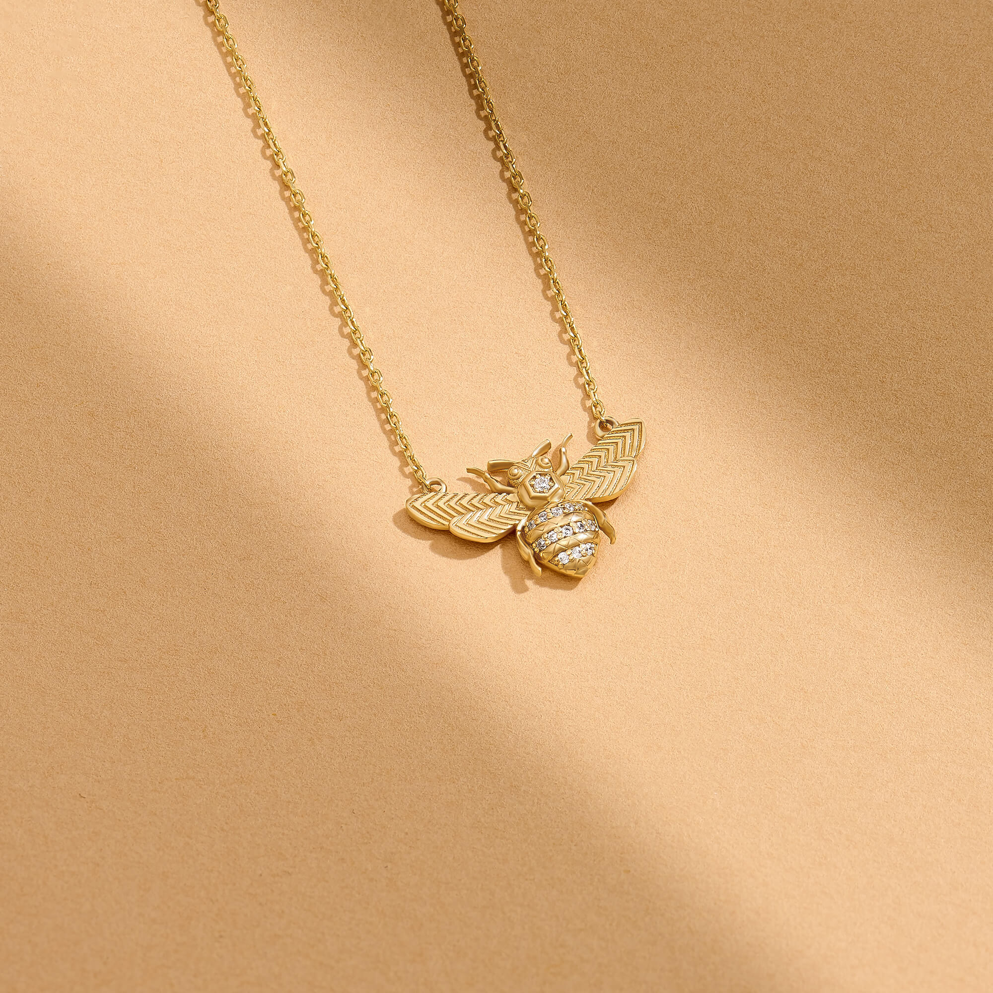 14K Real Gold Diamond Pave Bumble Bee Necklace