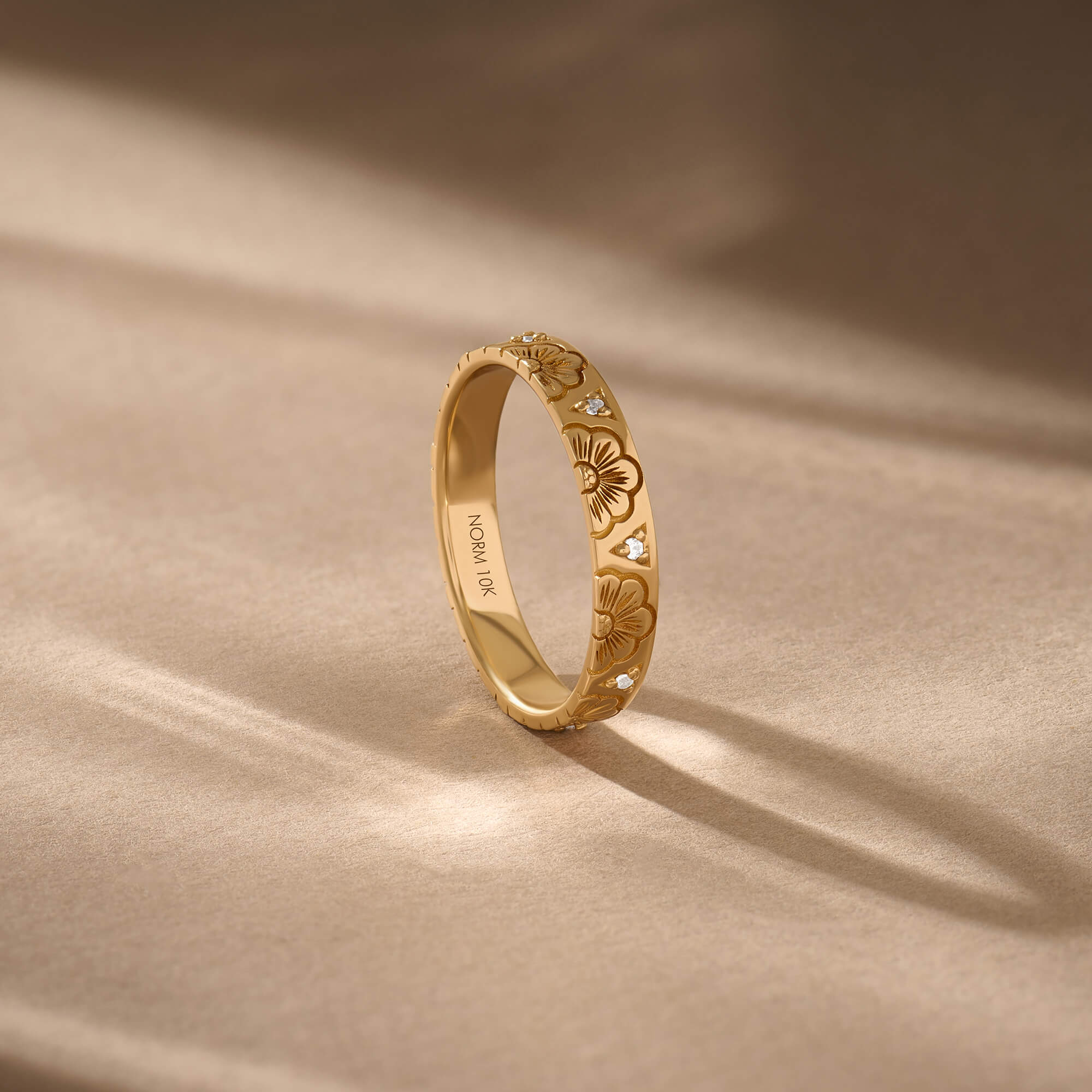Solid Gold Diamond Blossom Engraved Band