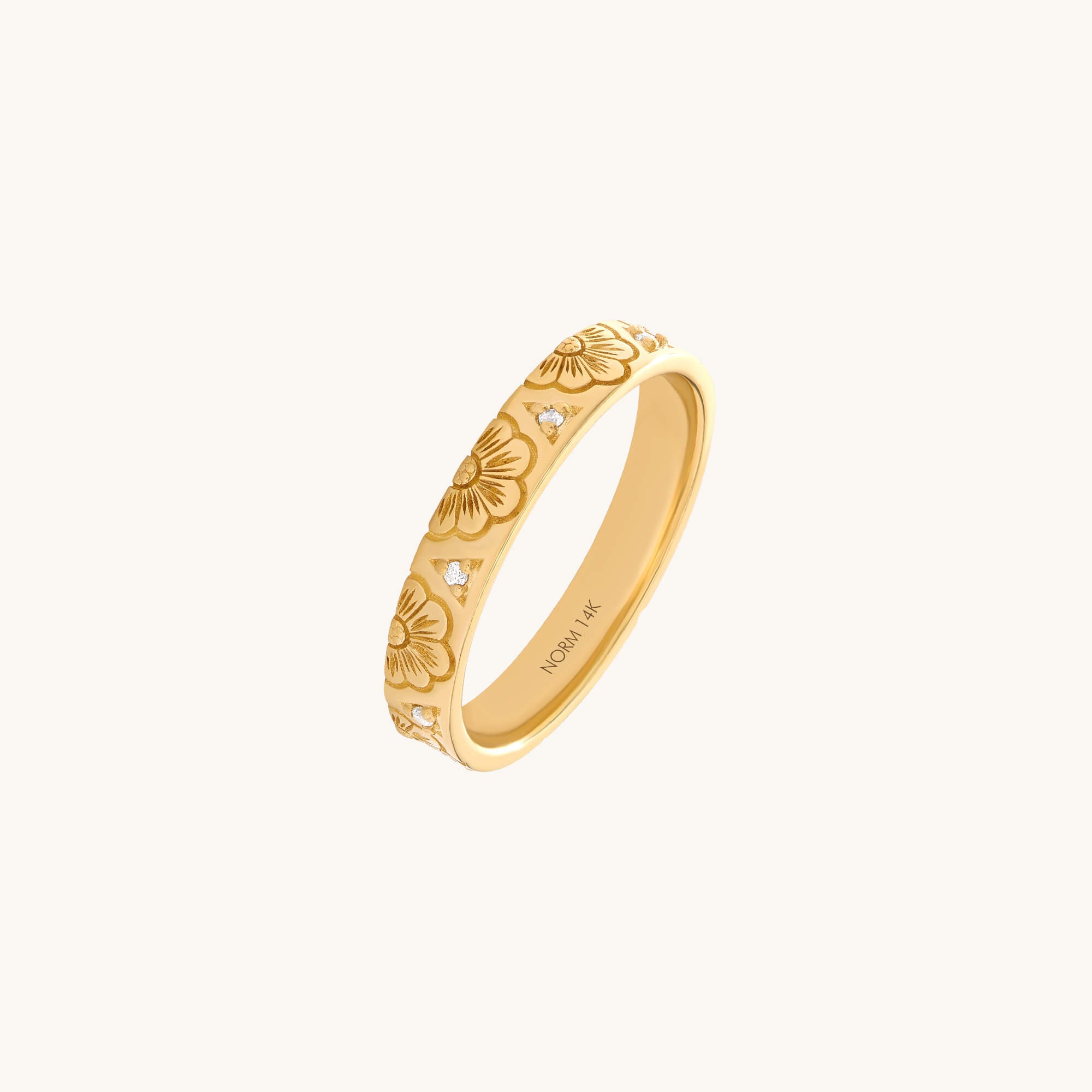 Diamond Blossom Engraved Band Ring in Solid Yellow Gold