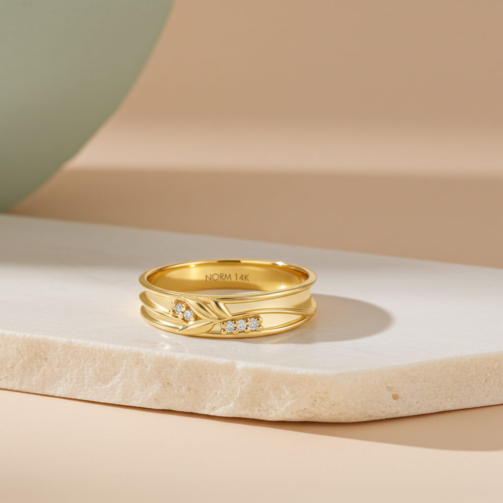 Diamond Branch Design Wedding Band Ring in Solid Yellow Gold