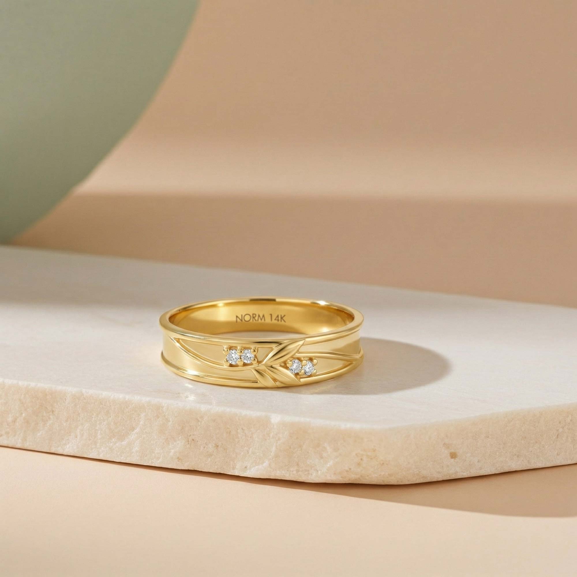 Diamond Branch Design Wedding Band Ring in Solid Yellow Gold