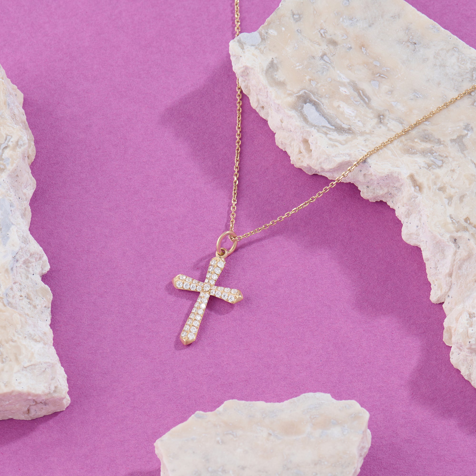 14K Solid Gold 0.60 carat Diamond Pave Cross Necklace