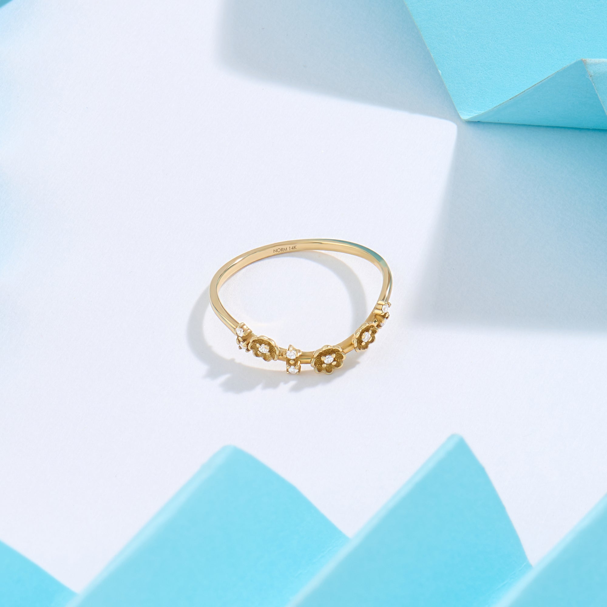 Designer's Diamond Flower Curved Stacking Ring in 14k Solid Yellow Gold