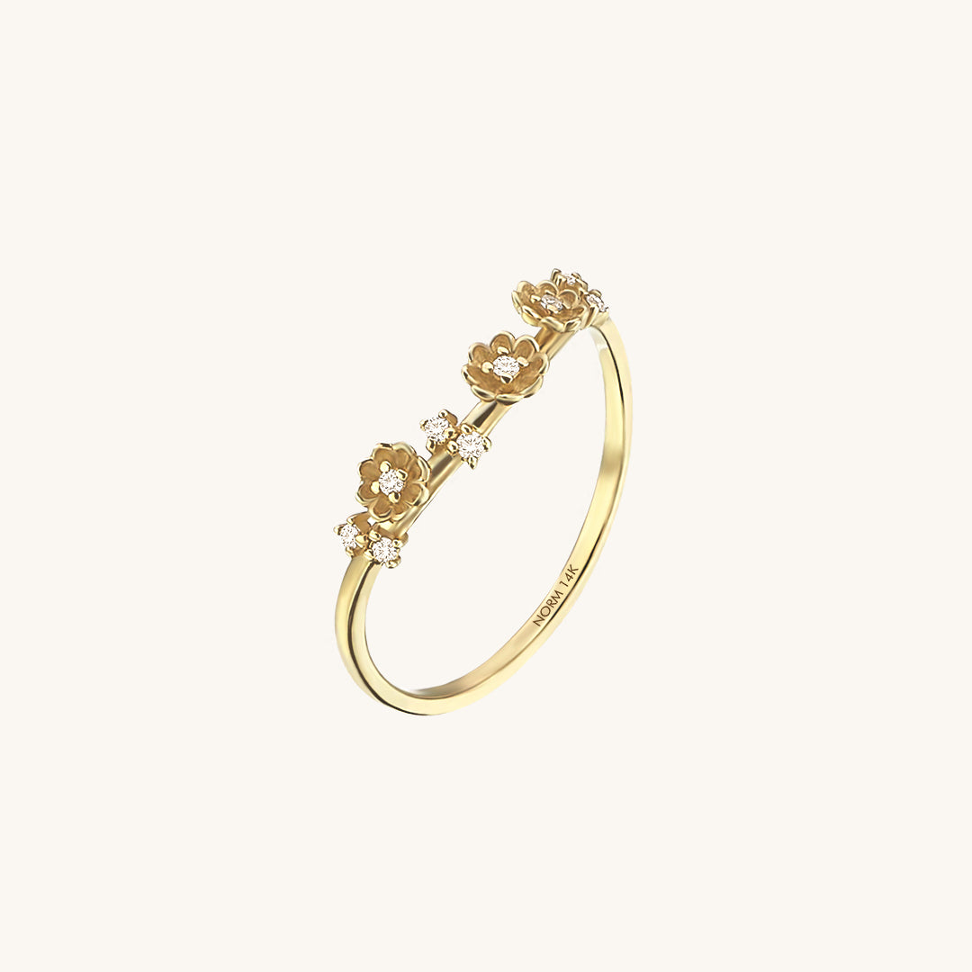 0.05ct Diamond Floral Curve Ring in 14k Solid Yellow Gold