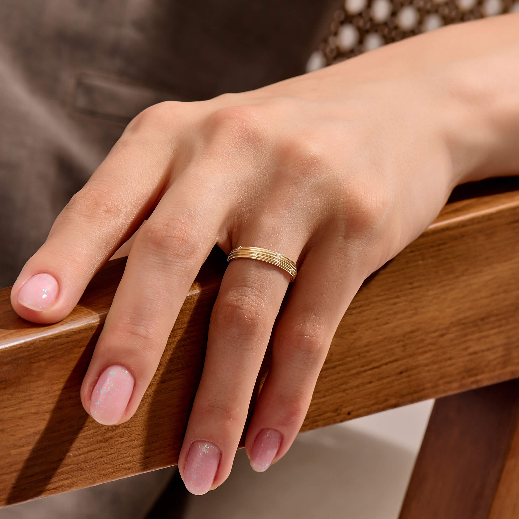 Women's Linear Diamond Band Ring in Solid Yellow Gold