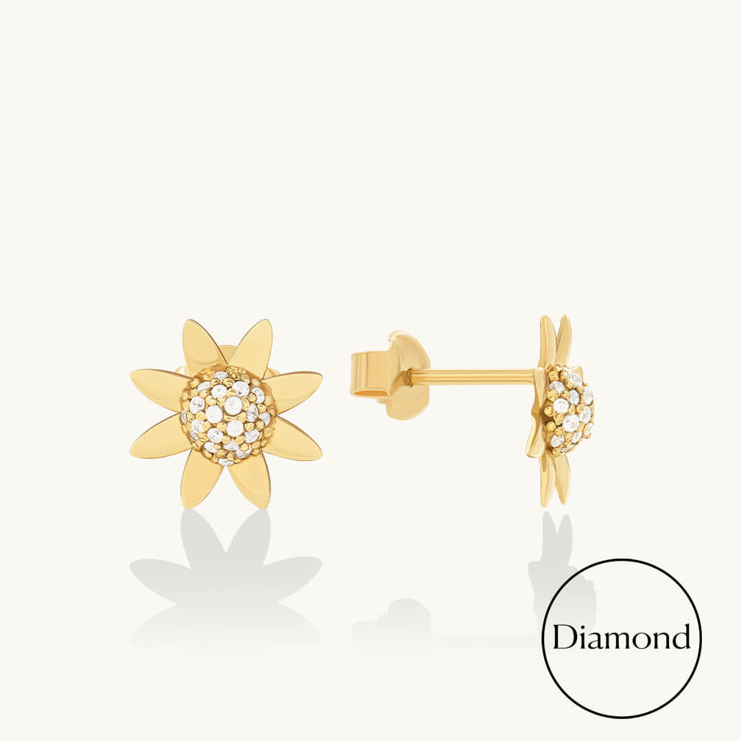 Diamond Sunflower Stud Earrings in Solid Gold