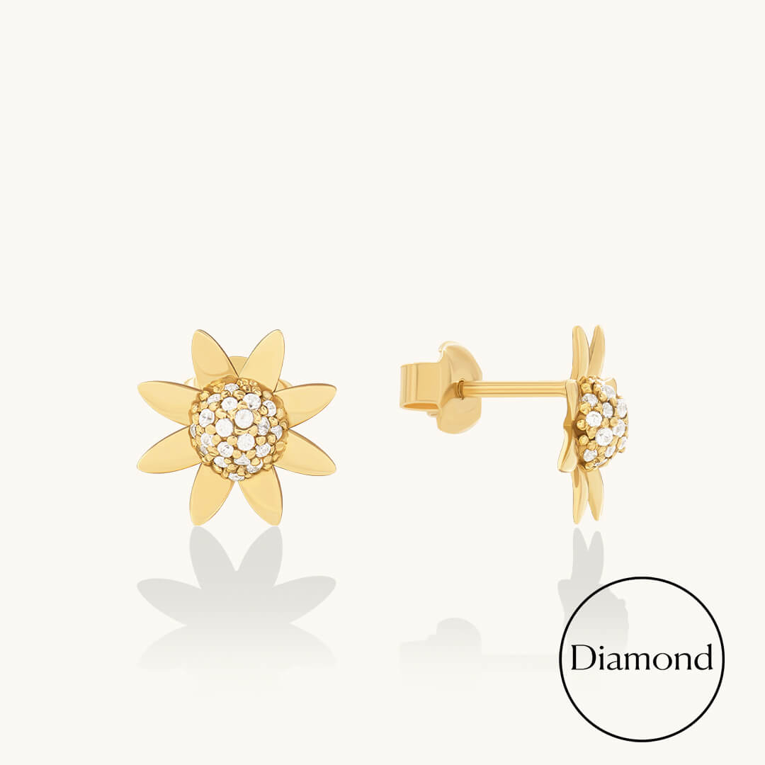 Diamond Sunflower Stud Earrings in Solid Gold