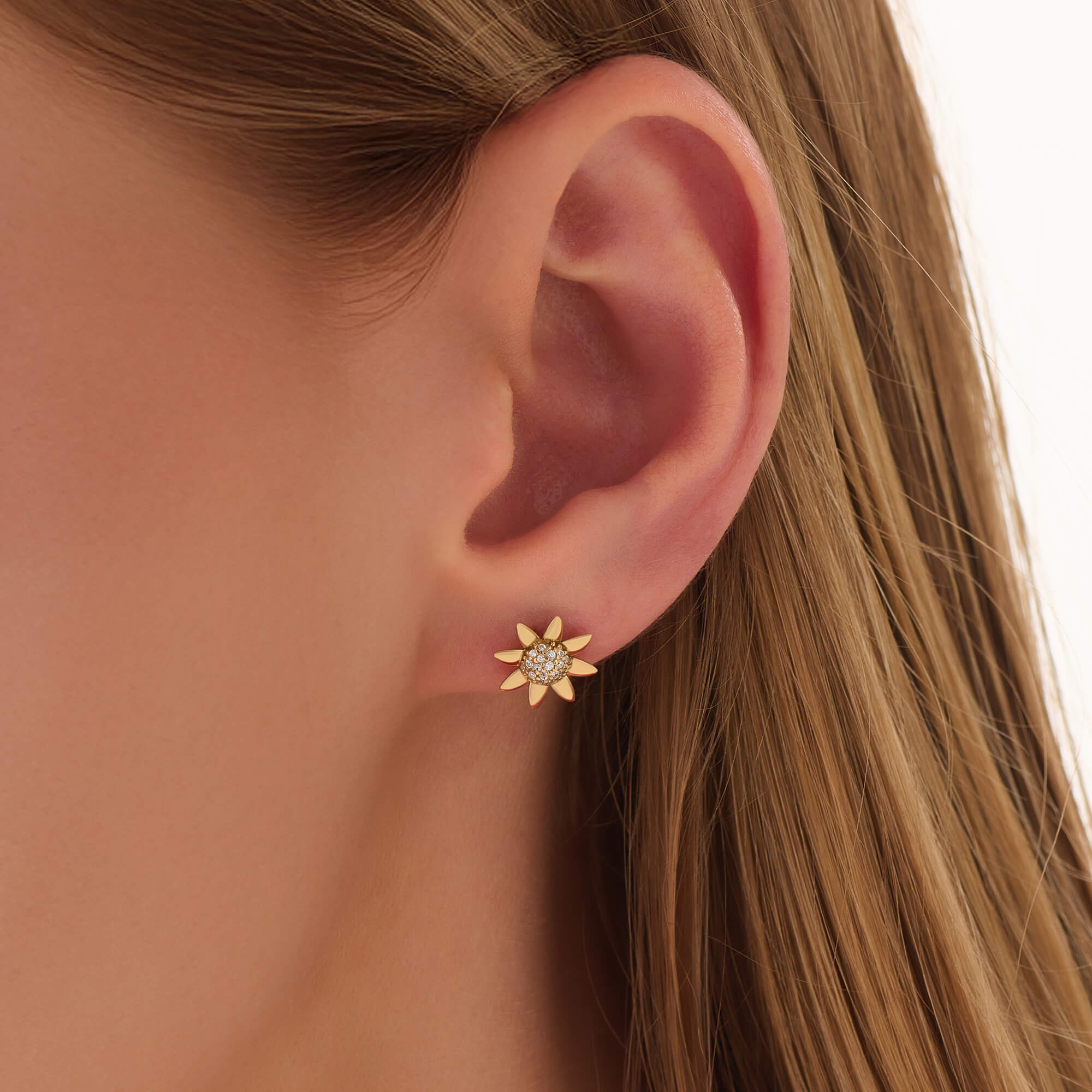 Women's Diamond Sunflower Stud Earrings in Solid Yellow Gold