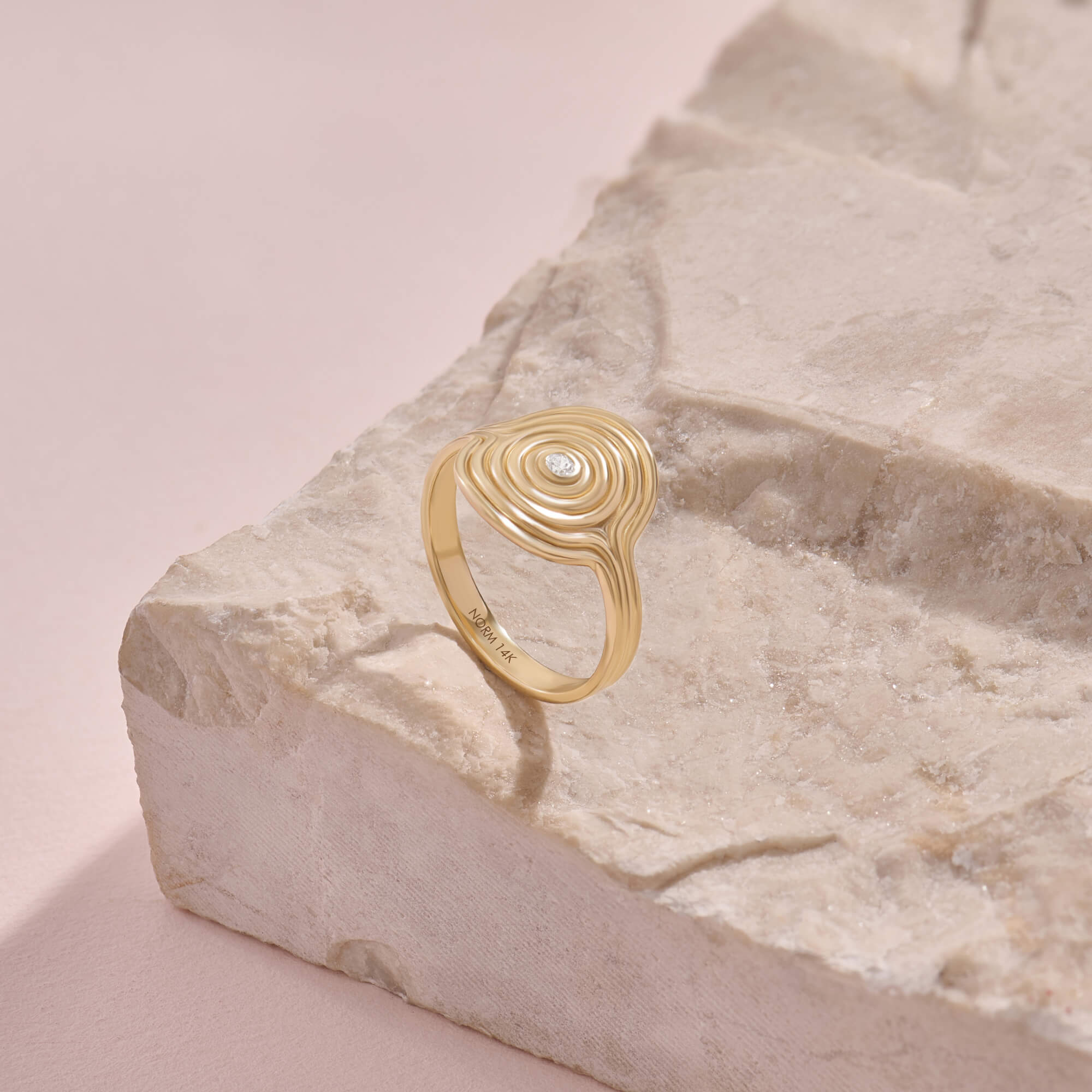 Swirl Signet Ring with Diamond in Solid Yellow Gold