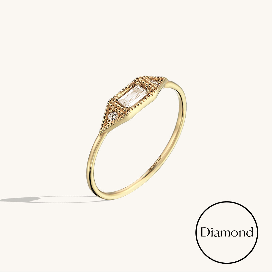 14k Real Gold 0.08ct Baguette-cut Diamond Vintage Signet Ring