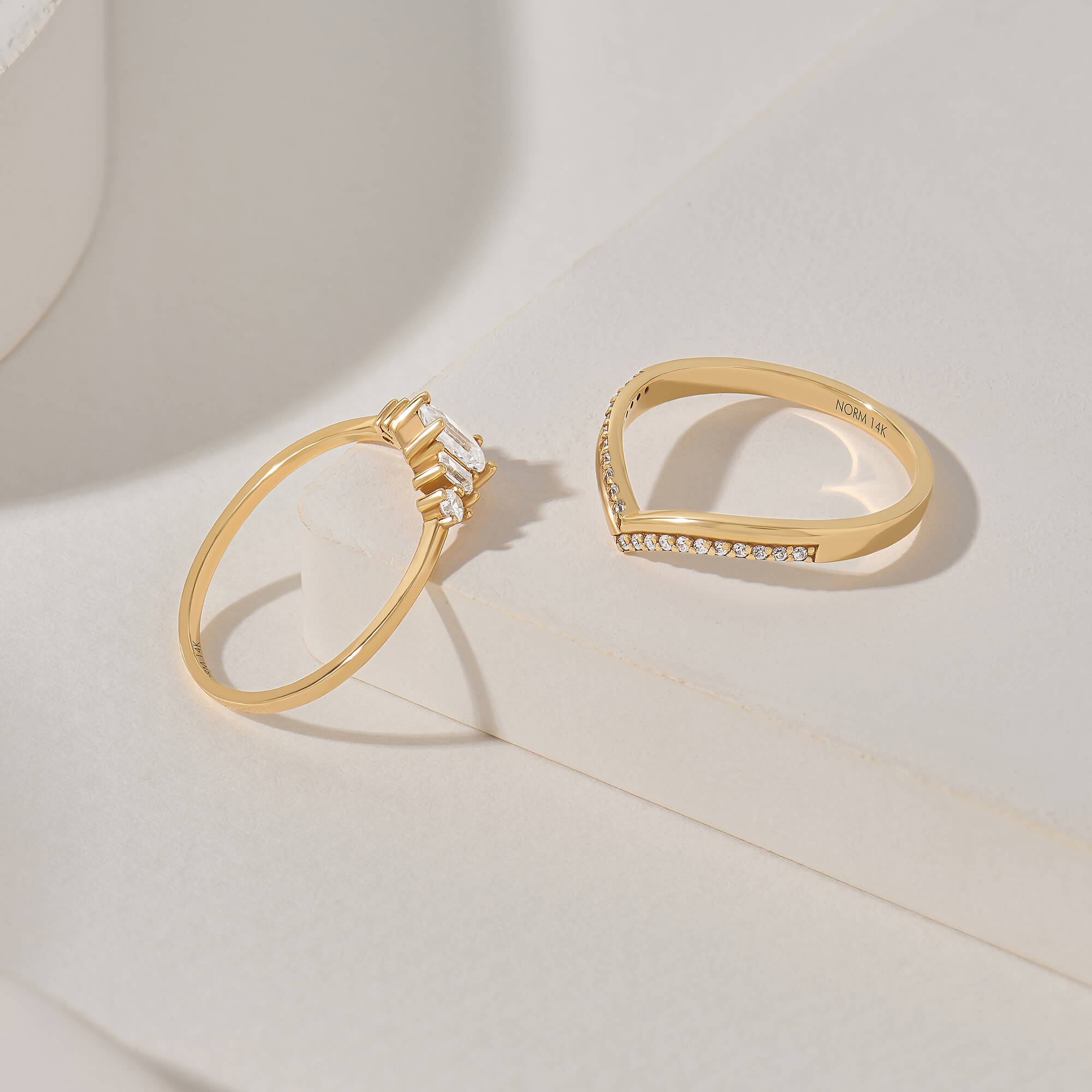 Diamond Double Chevron Ring and Diamond Three Stone Ring in 14K Yellow Gold