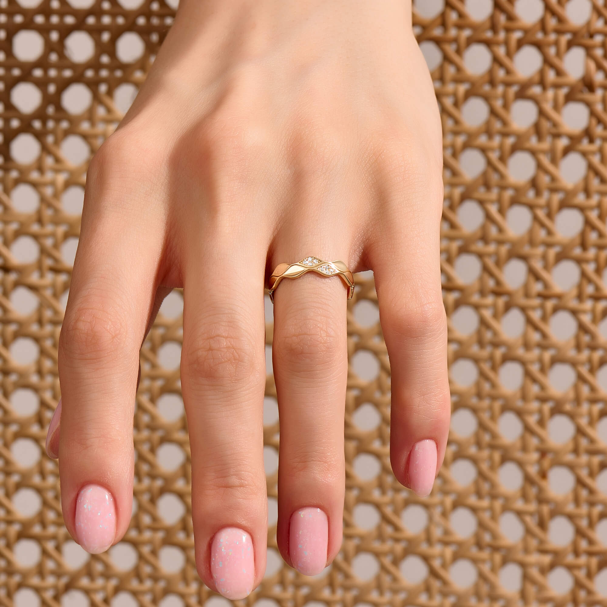 Women's Double Wave Ring with Diamonds in Yellow Gold