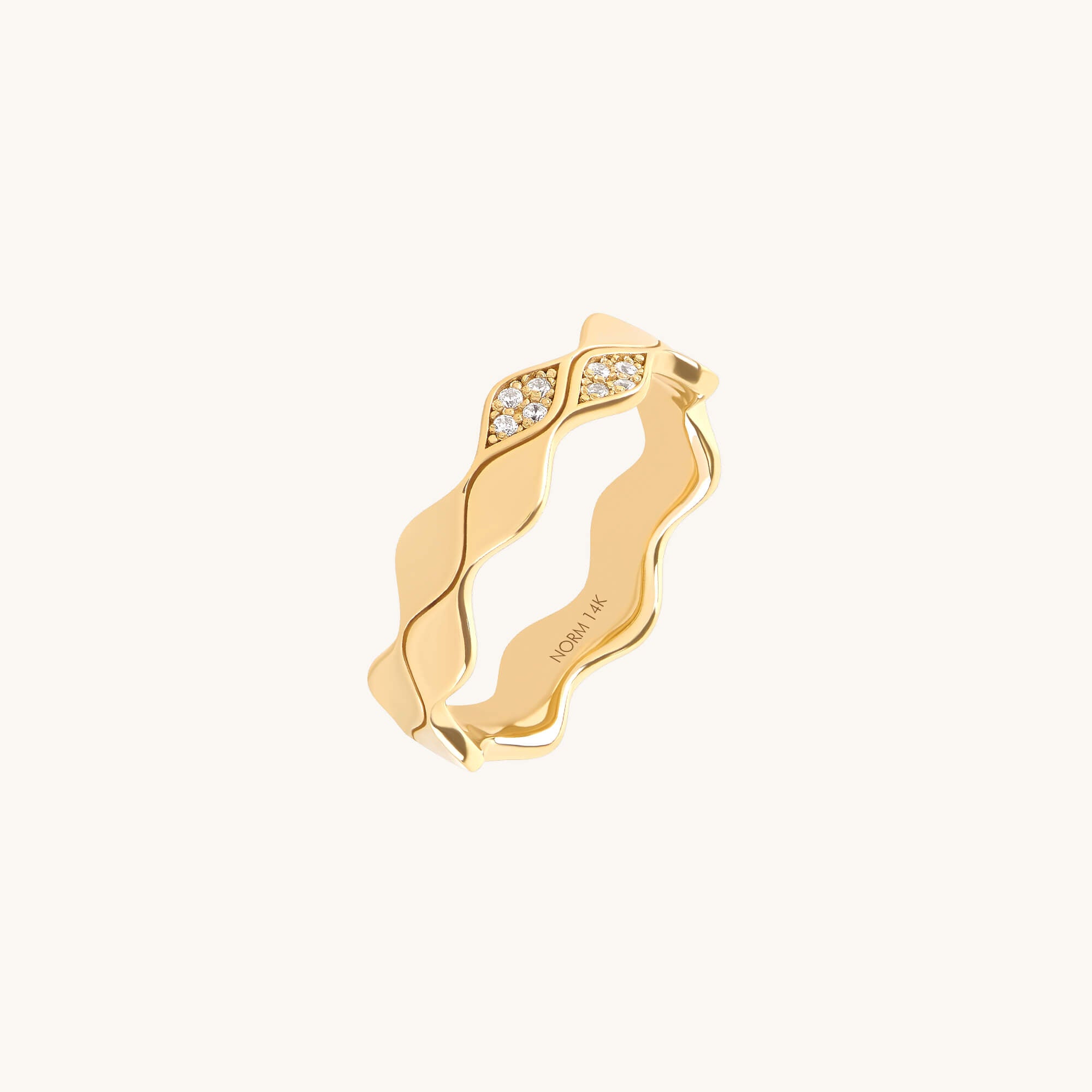 Double Wave Diamond Band Ring in Real Yellow Gold