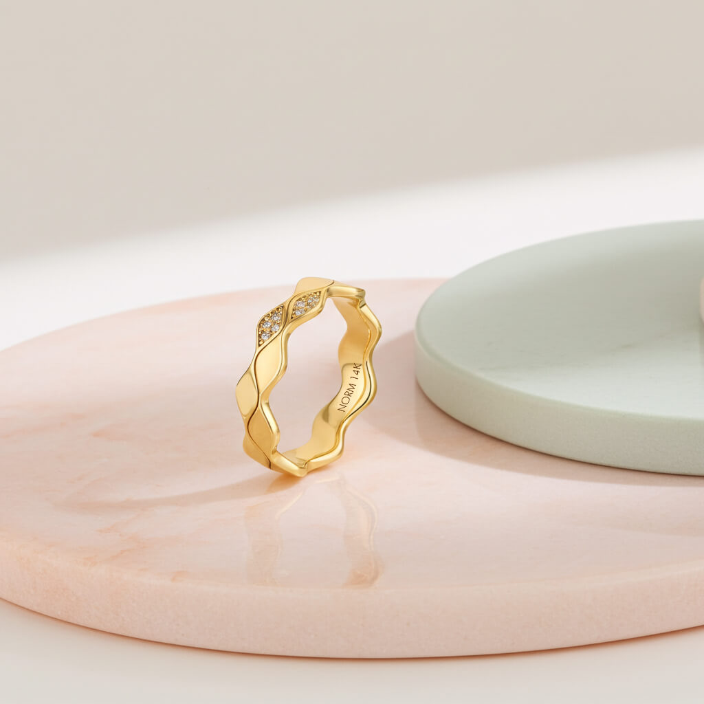 Double Wave with Diamonds Solid Gold Band Ring