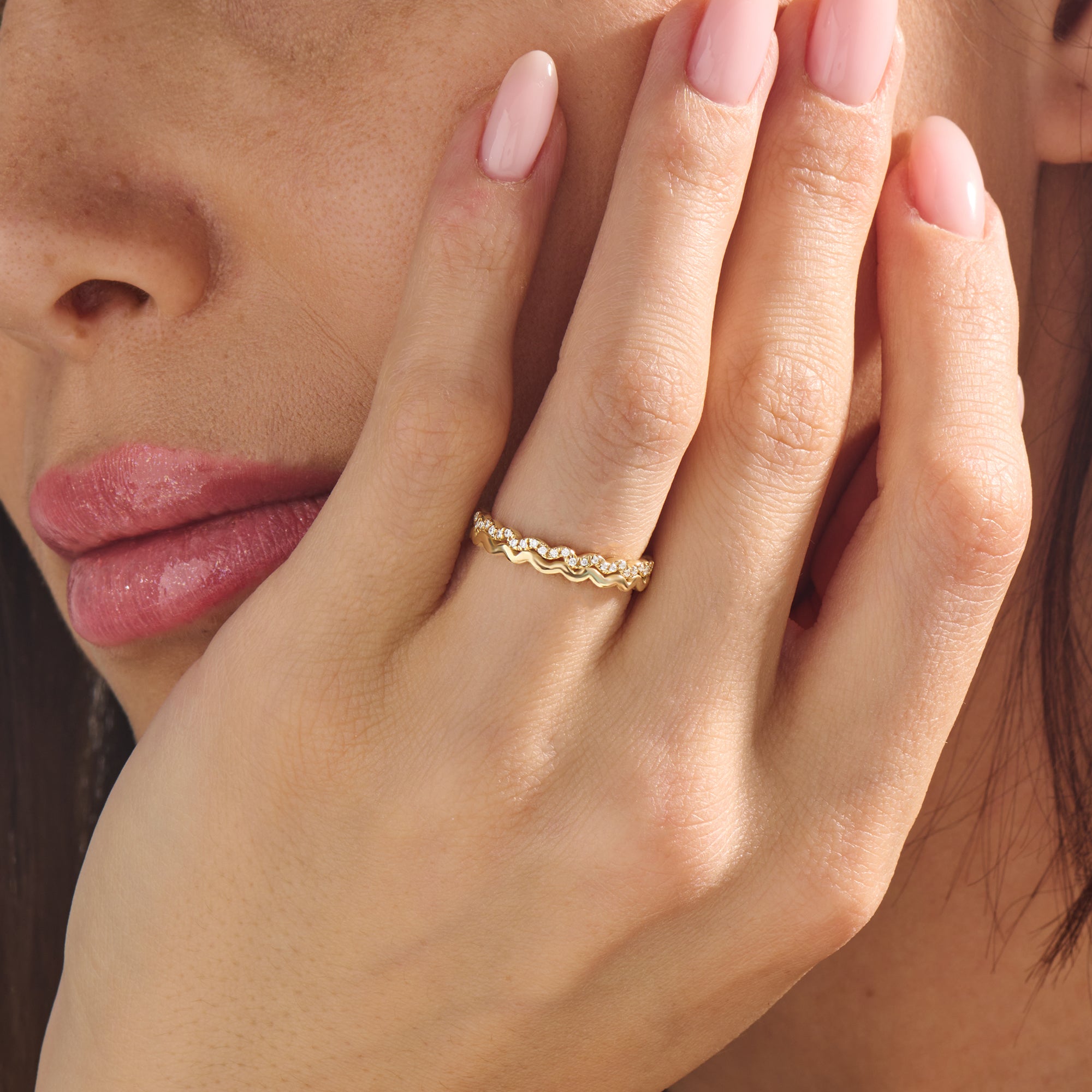 14K Solid Yellow Gold Double-Line Wave Stacking Ring