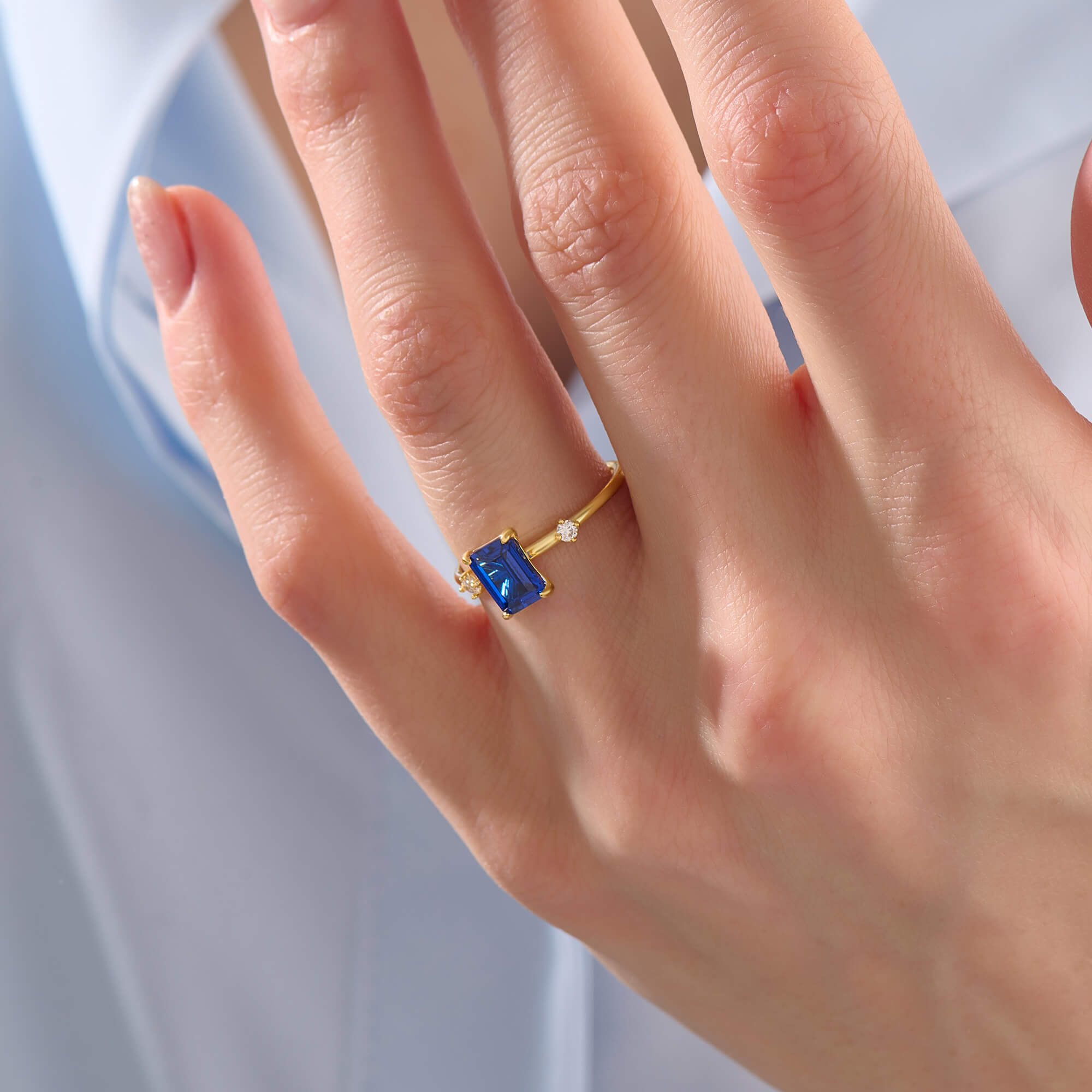 Women's Solitaire Emerald-Cut Sapphire Ring in 24K Gold Plated Vermeil on 925 Solid Silver