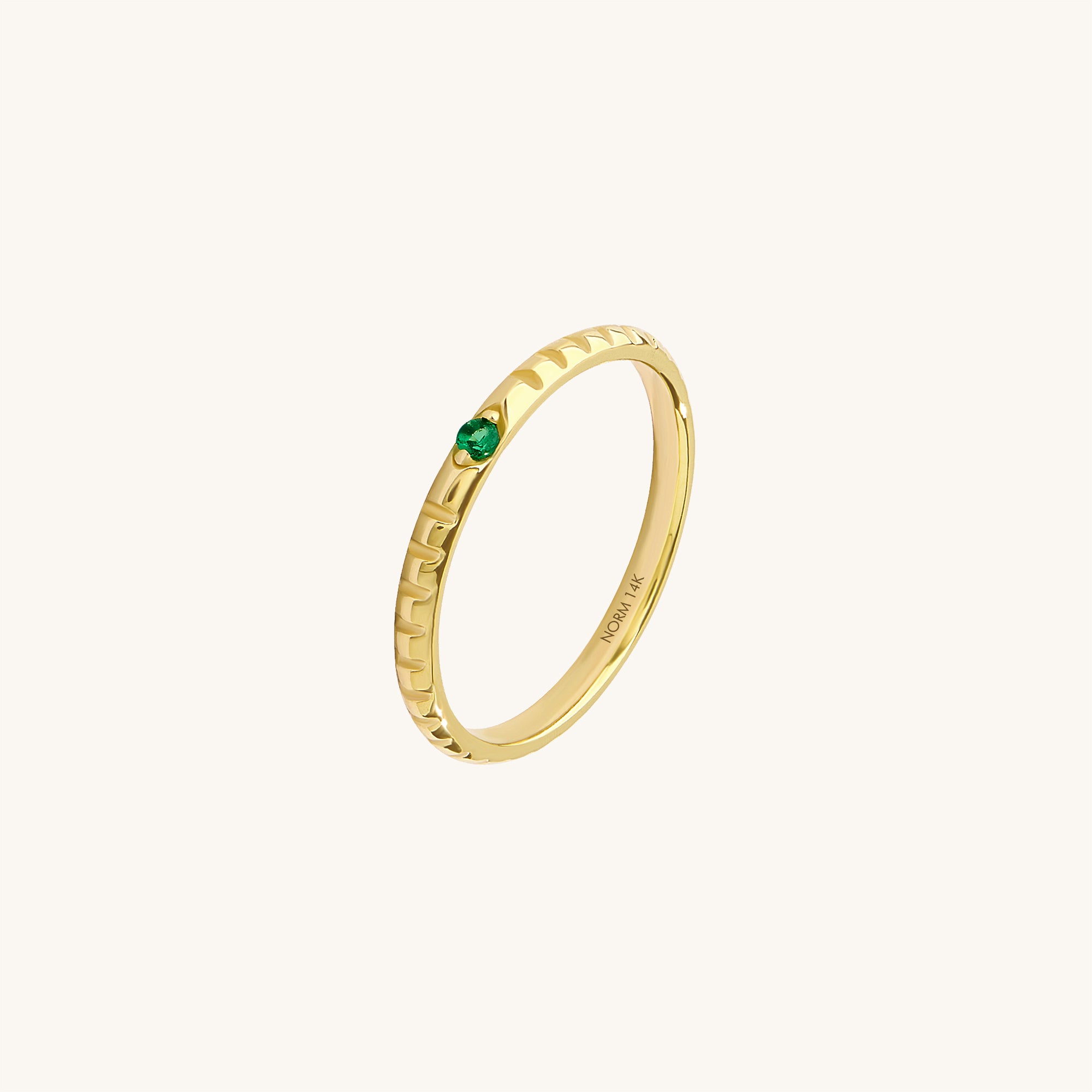 14k Real Gold Emerald Solitaire Minimalist Band Ring