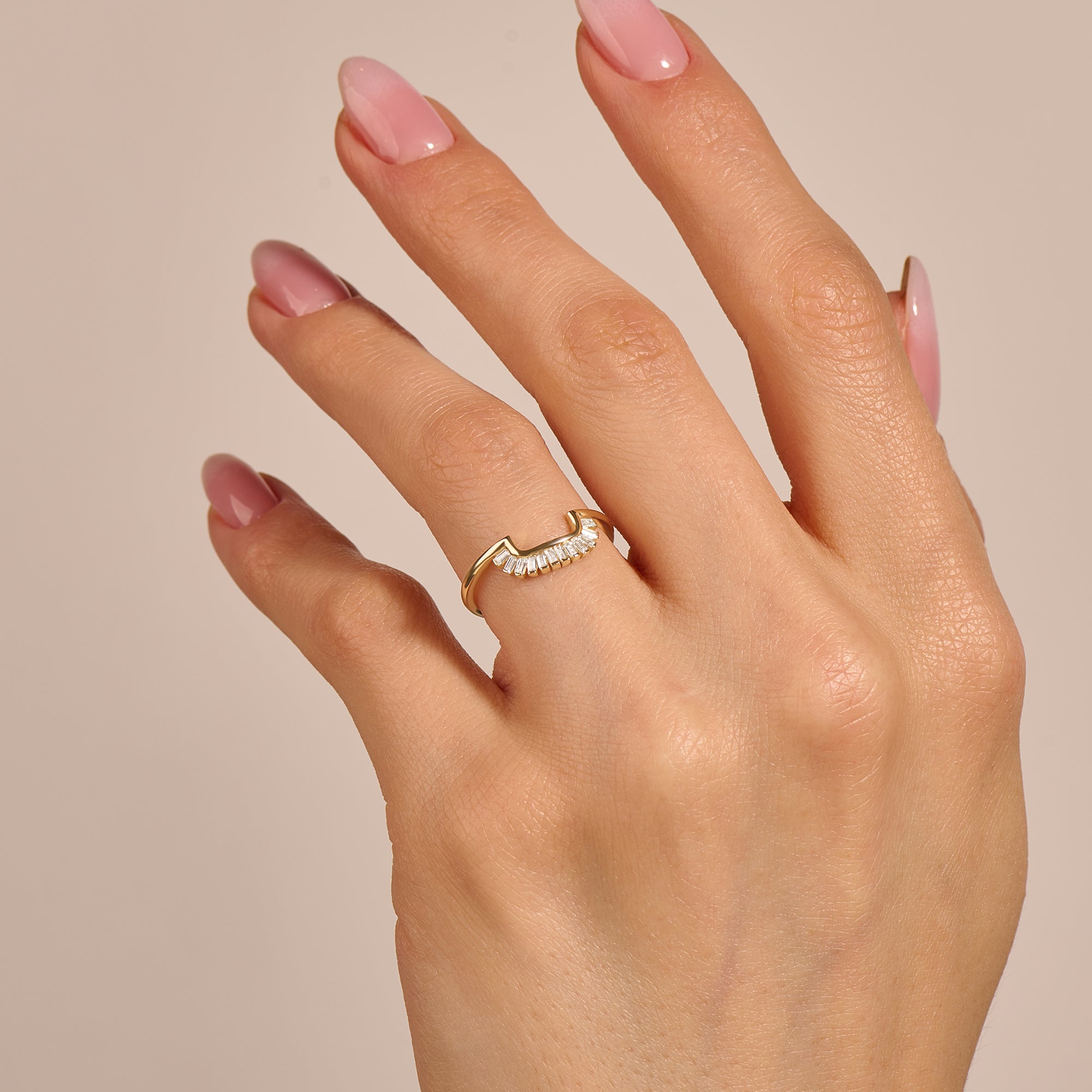 14k Real Gold Half Square Baguette Curve Stacking Ring