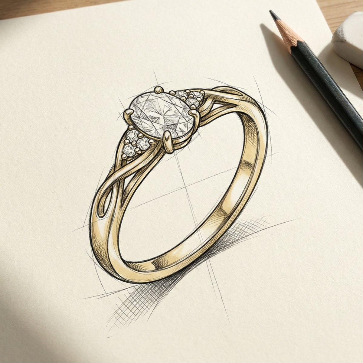 Sketch of Diamond Infinity Celtic Ring in Solid Gold