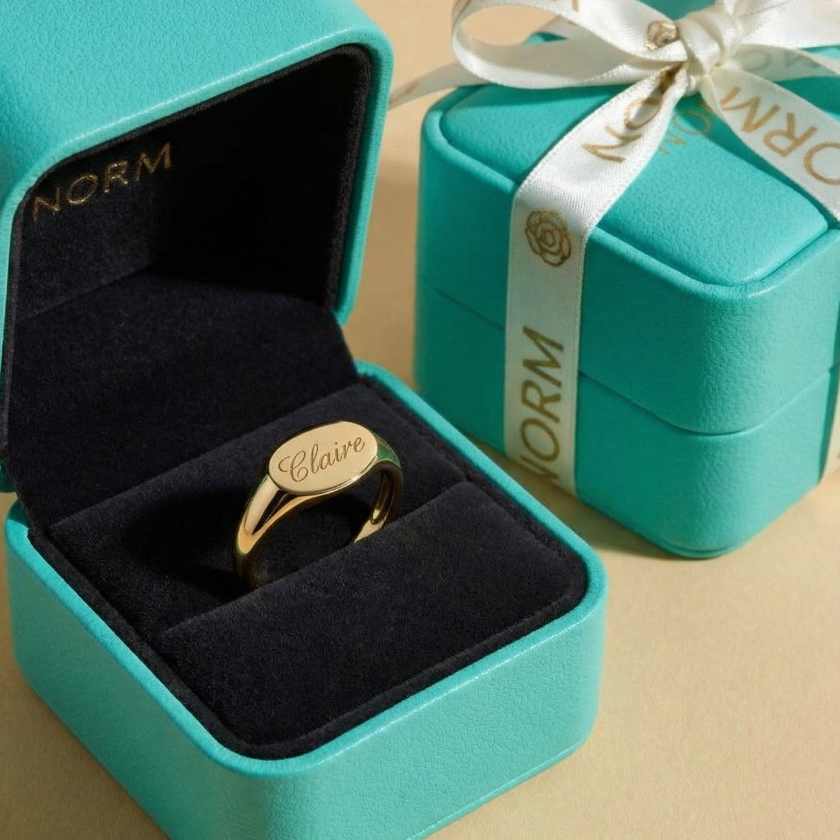 Engraved Solid Gold Ring in Norm Jewelry Box