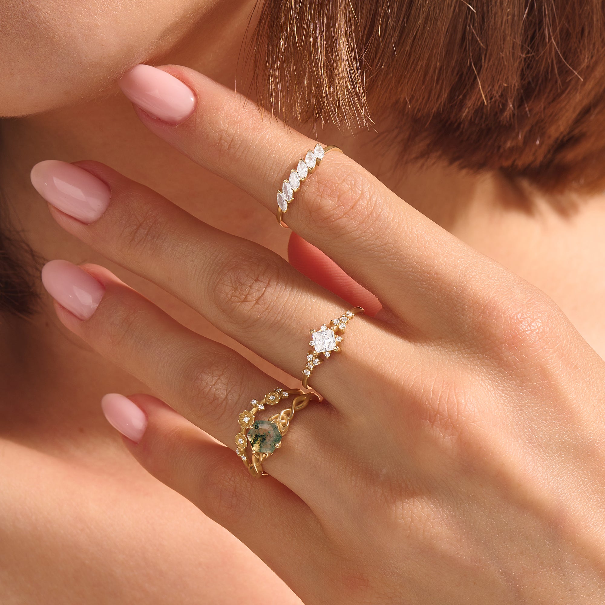 Hexagon Cut 1.22ct Moss Agate Celtic Solitaire Ring in 14k Solid Yellow Gold