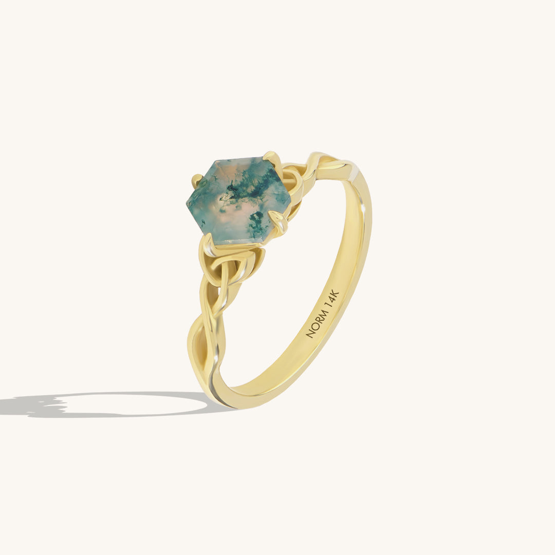 Hexagon Cut 1.22ct Moss Agate Celtic Solitaire Ring in 14k Solid Gold