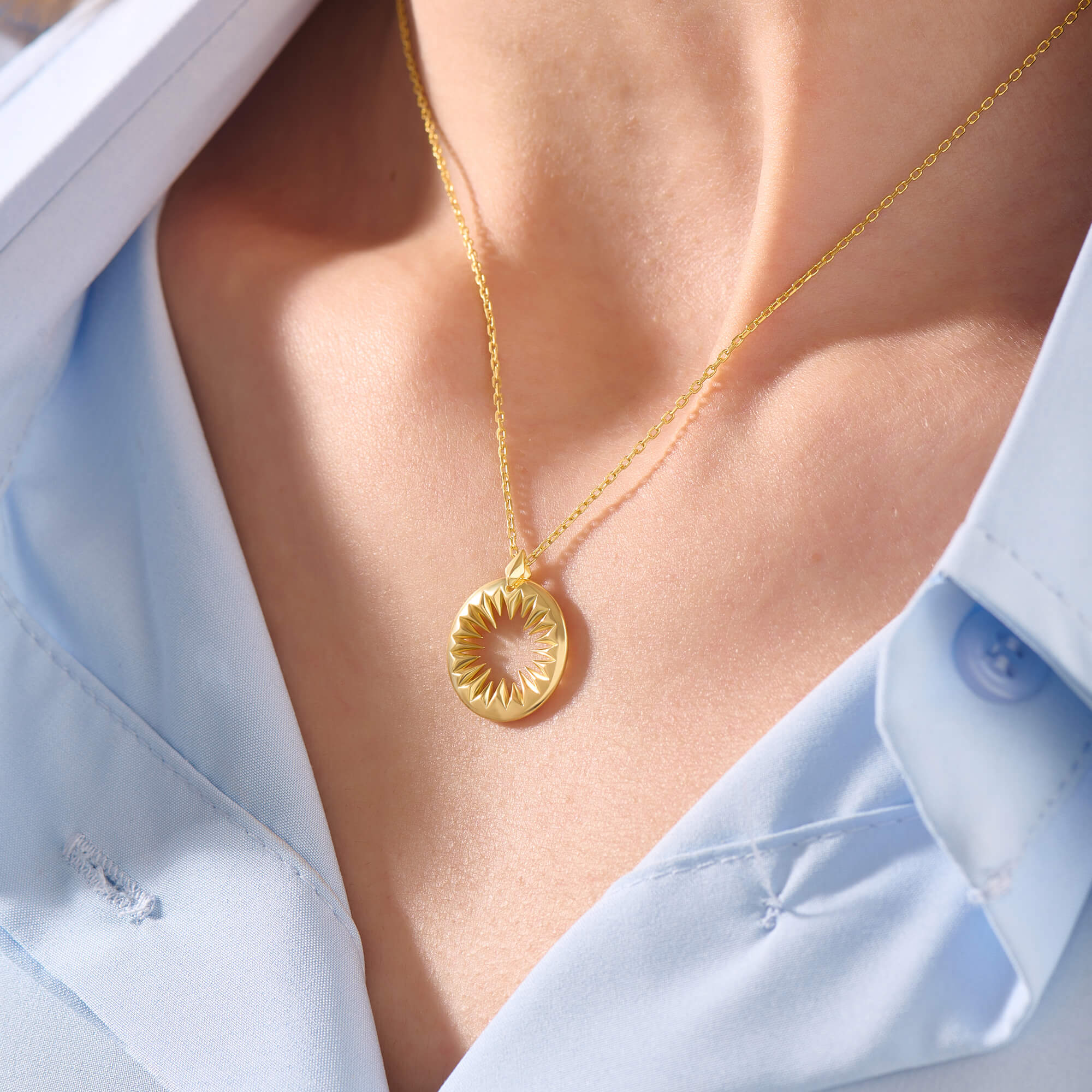 Women's Hollow Sun Necklace in 24K Gold Plated Vermeil on Real 925 Silver