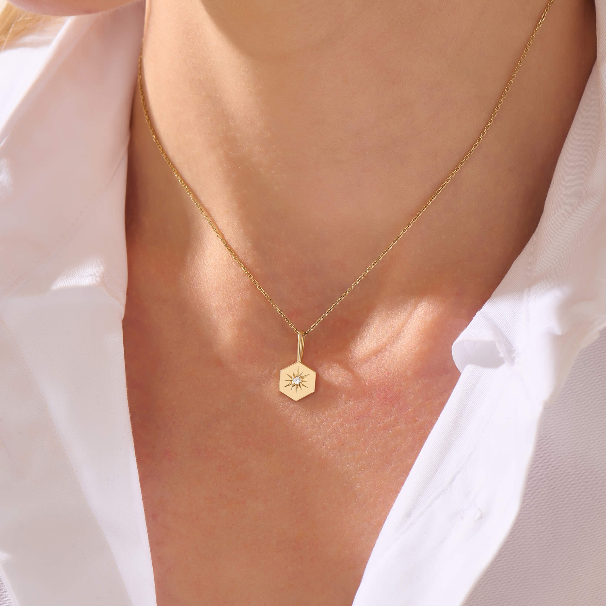 Women's Solid Gold Lab-Grown Diamond Hexagon Starburst Necklace