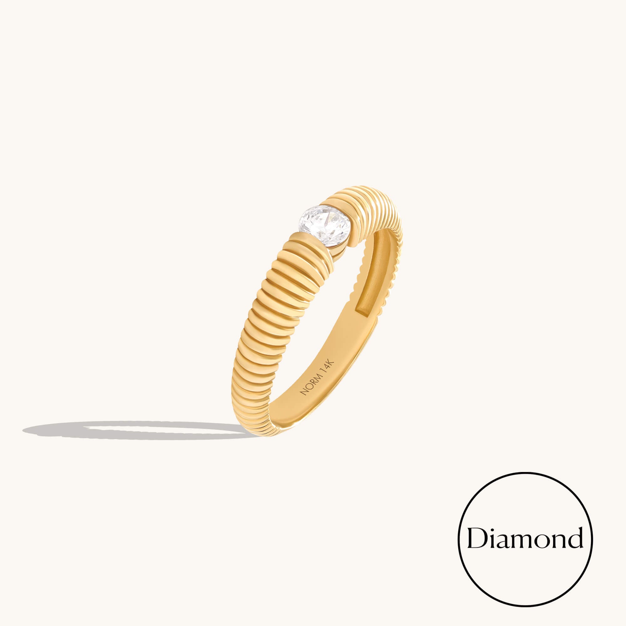 Solid Gold Solitaire Ribbed Ring with Lab-Grown Diamond