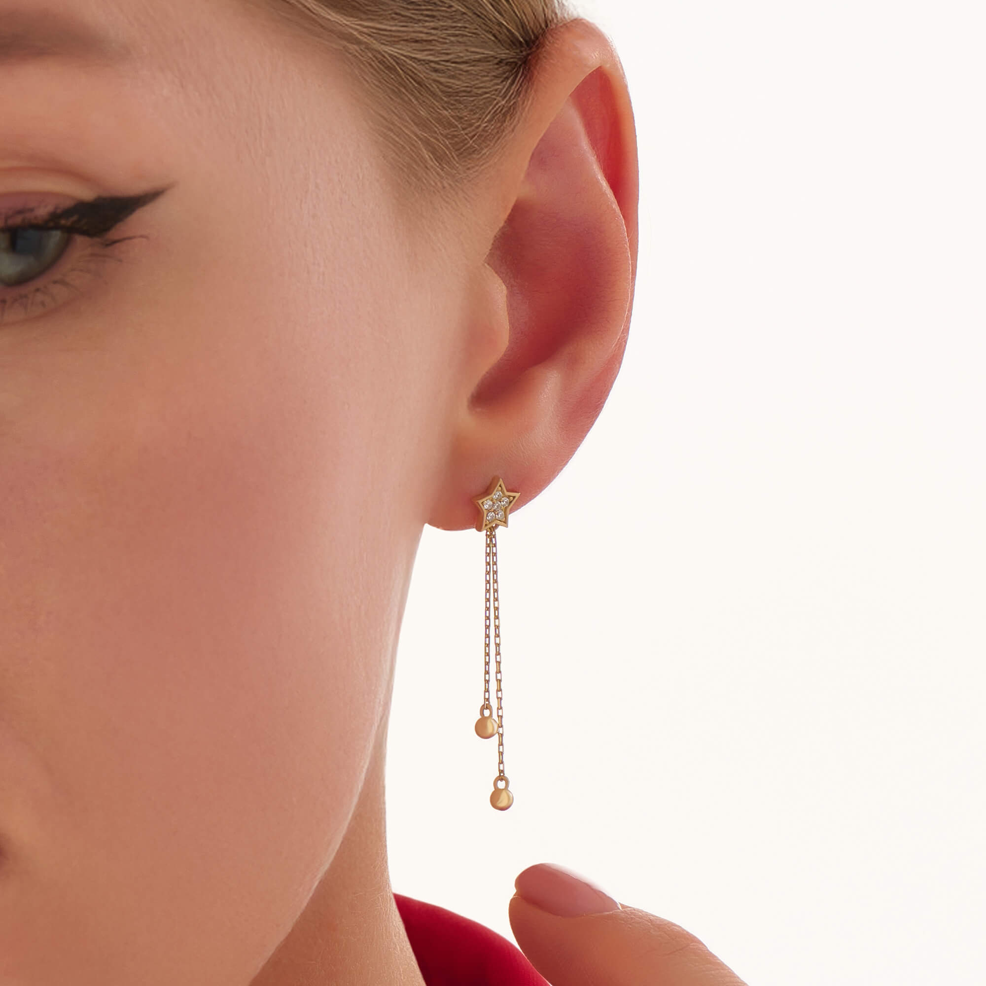 Women's Real Gold Star Chain Drop Earrings with Lab-Grown Diamonds